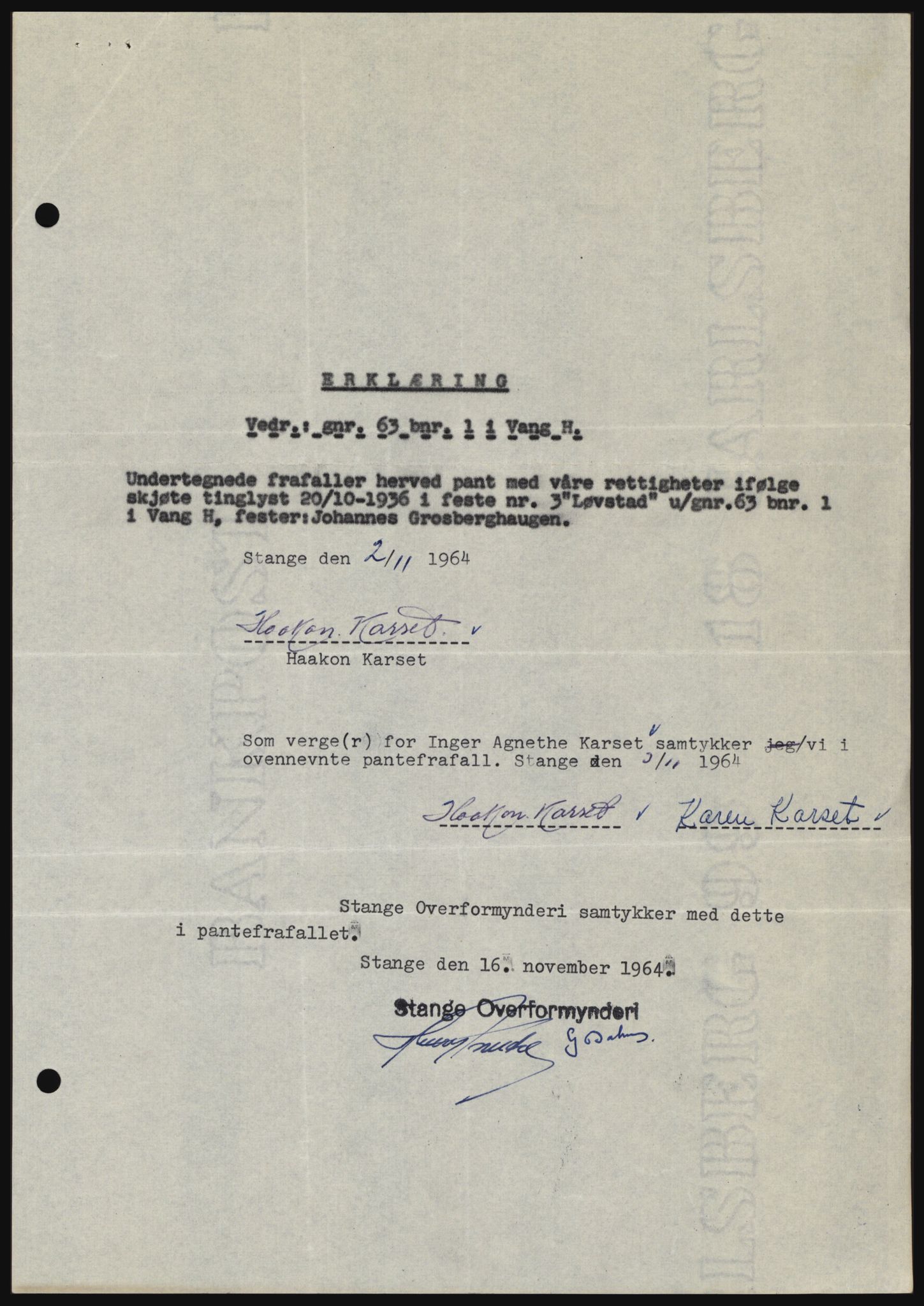 Nord-Hedmark sorenskriveri, SAH/TING-012/H/Hc/L0021: Mortgage book no. 21, 1964-1965, Diary no: : 6318/1964