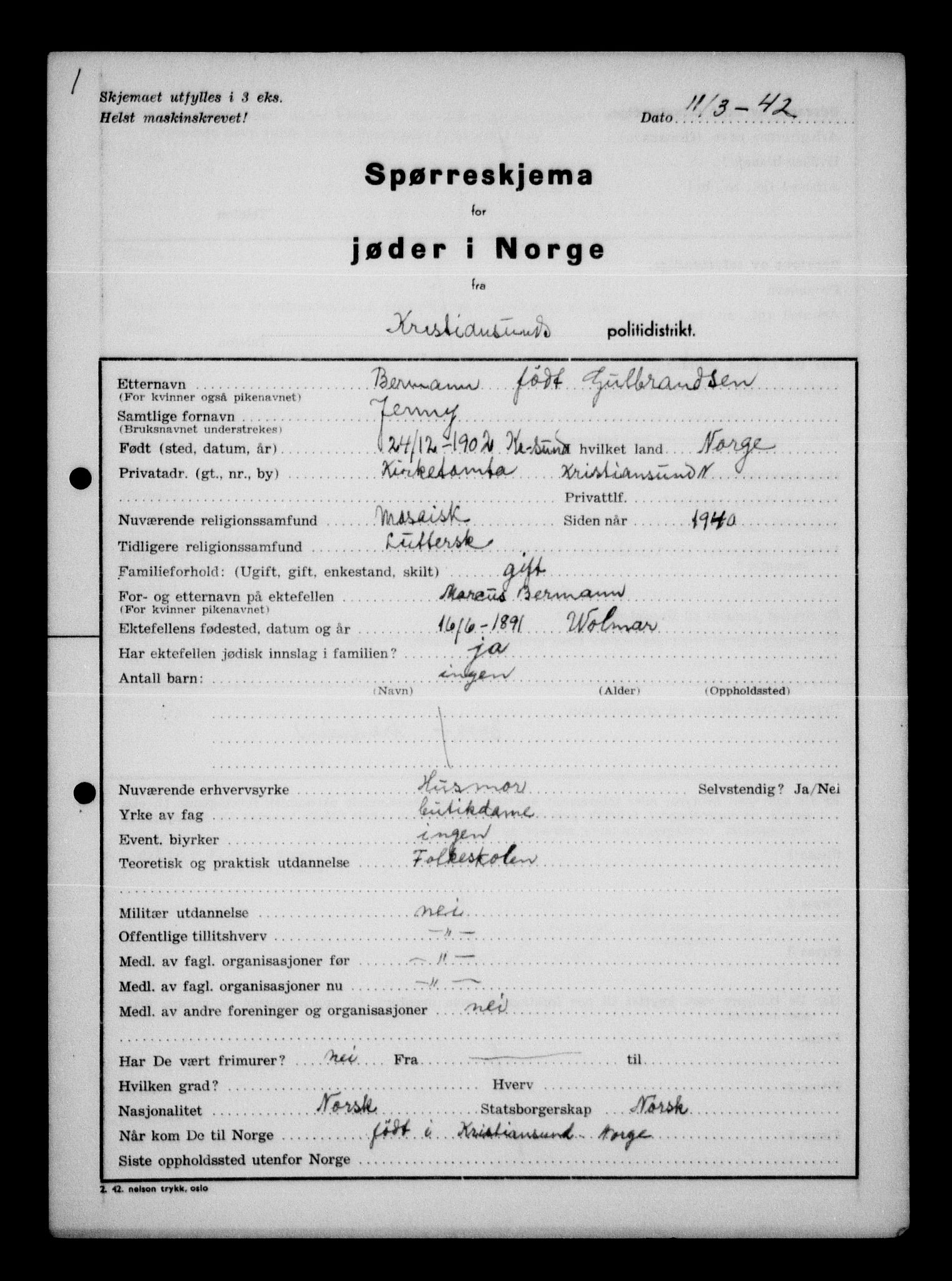 Statspolitiet - Hovedkontoret / Osloavdelingen, AV/RA-S-1329/G/Ga/L0012: Spørreskjema for jøder i Norge. 1: Aker 114- 207 (Levinson-Wozak) og 656 (Salomon). 2: Arendal-Hordaland. 3: Horten-Romerike.  , 1942, p. 679