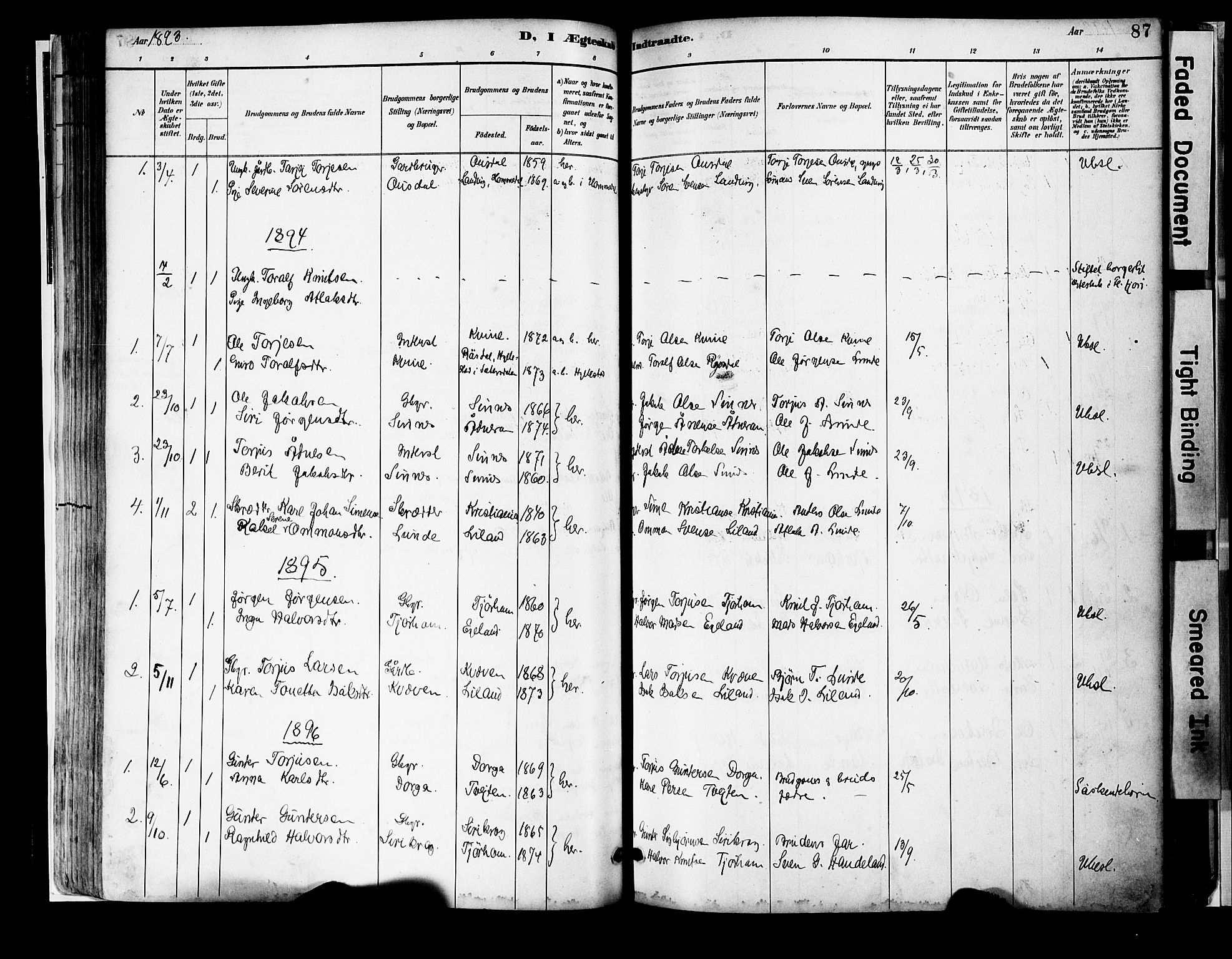 Sirdal sokneprestkontor, SAK/1111-0036/F/Fa/Faa/L0001: Parish register (official) no. A 1, 1887-1910, p. 87