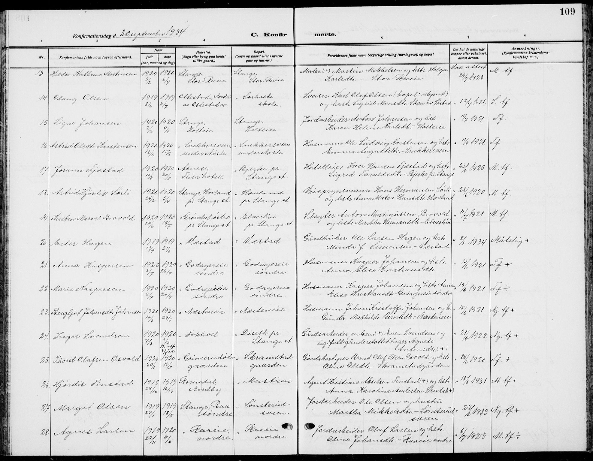 Stange prestekontor, AV/SAH-PREST-002/L/L0018: Parish register (copy) no. 18, 1929-1937, p. 109