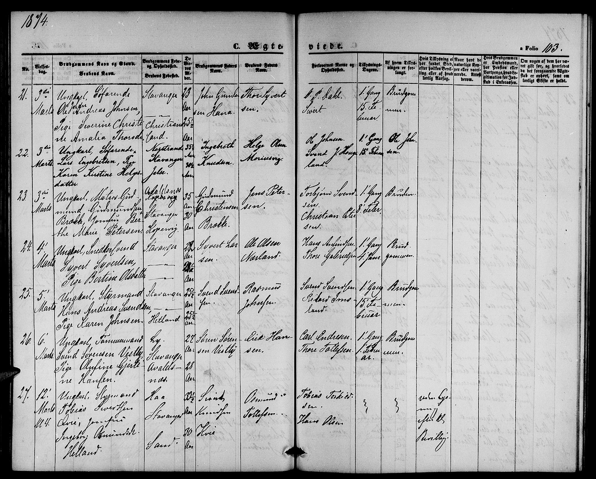 St. Petri sokneprestkontor, AV/SAST-A-101813/001/30/30BB/L0002: Parish register (copy) no. B 2, 1865-1885, p. 103