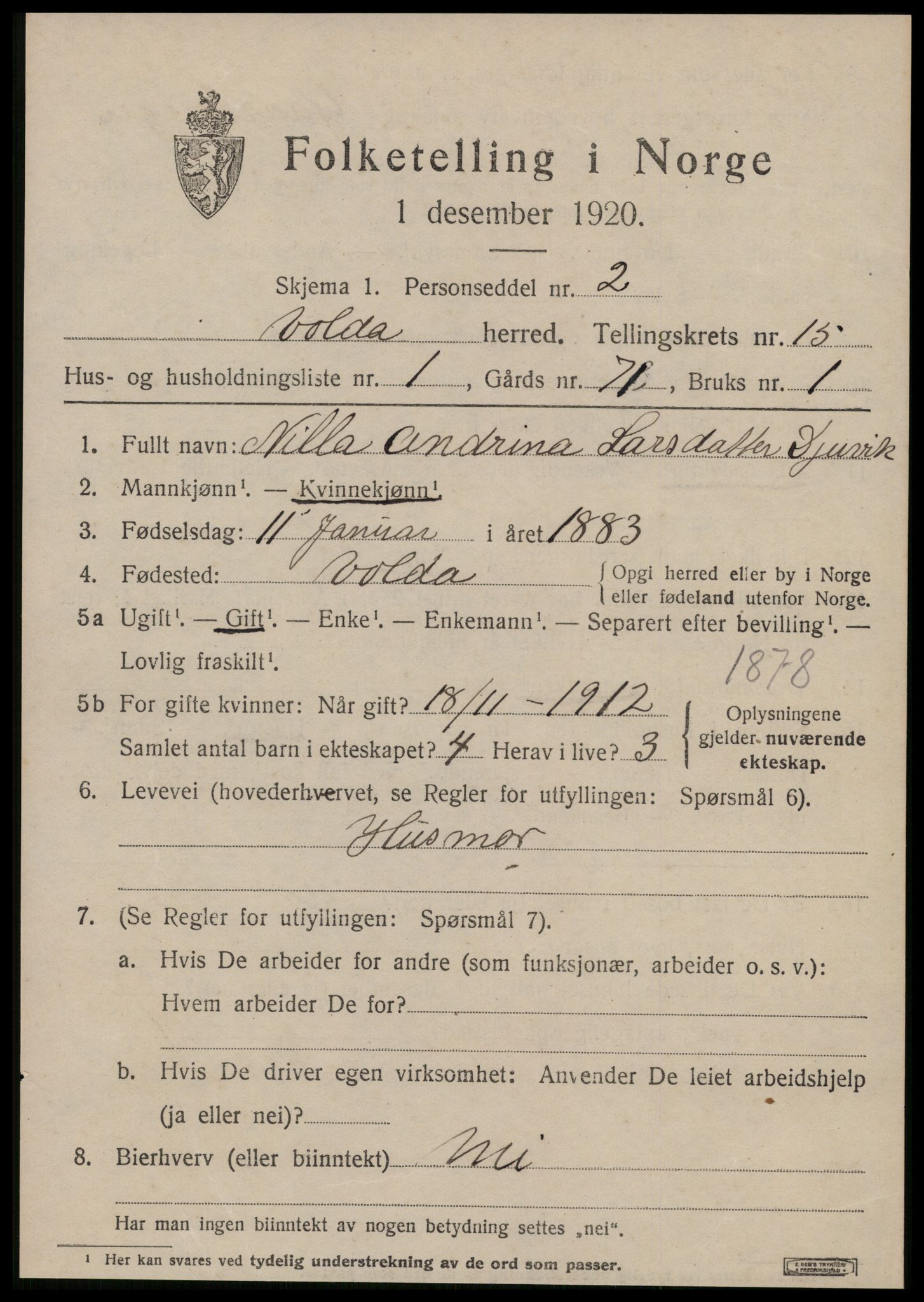 SAT, 1920 census for Volda, 1920, p. 8974