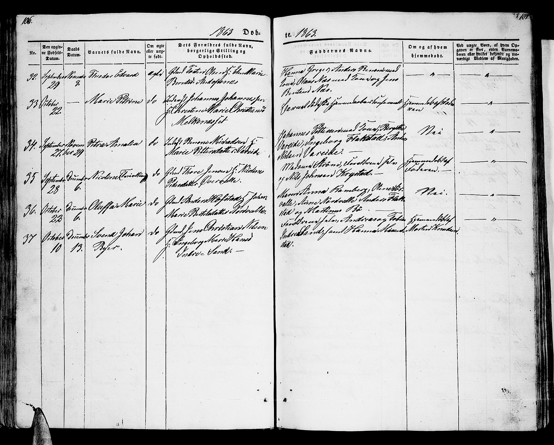 Ministerialprotokoller, klokkerbøker og fødselsregistre - Nordland, AV/SAT-A-1459/885/L1212: Parish register (copy) no. 885C01, 1847-1873, p. 106-107