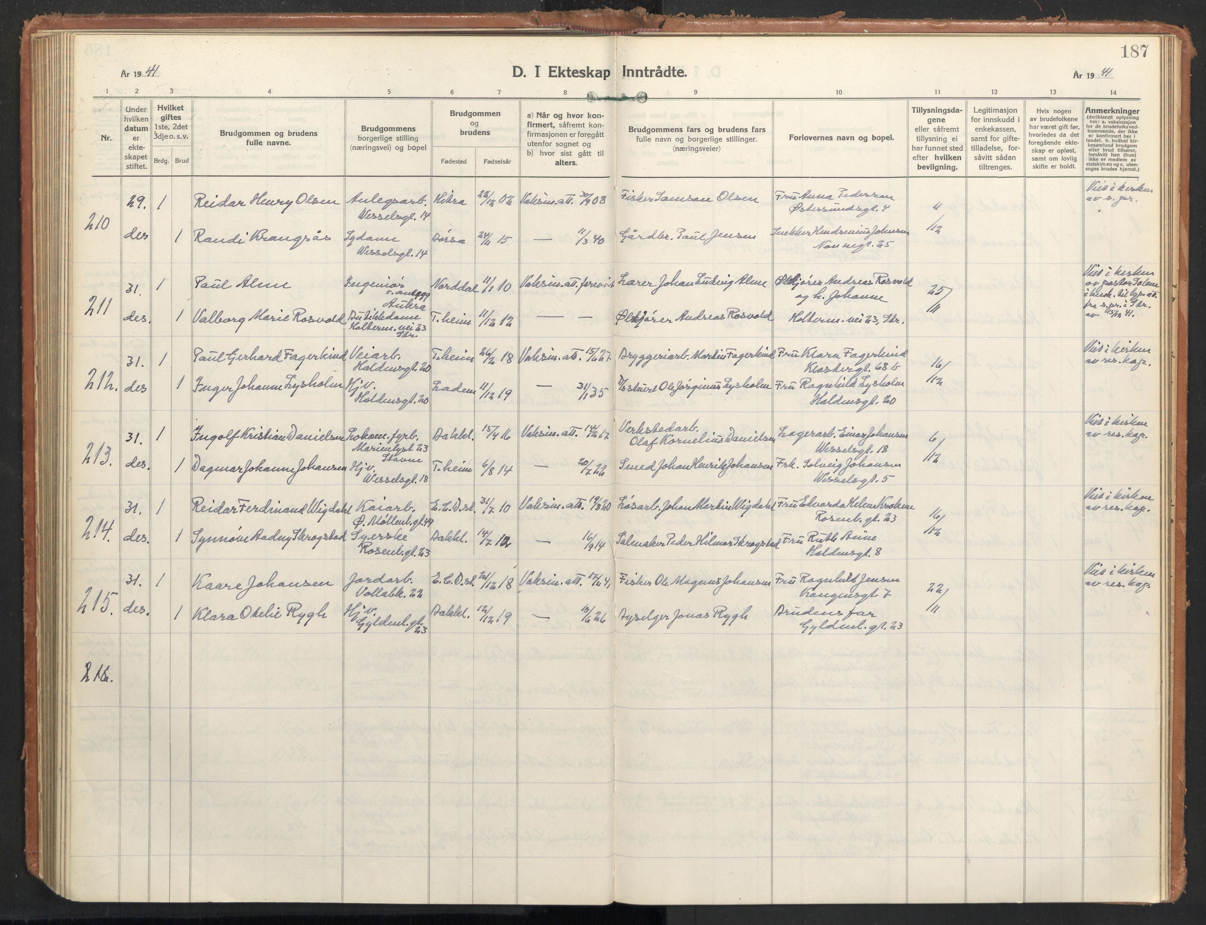 Ministerialprotokoller, klokkerbøker og fødselsregistre - Sør-Trøndelag, SAT/A-1456/604/L0209: Parish register (official) no. 604A29, 1931-1945, p. 187