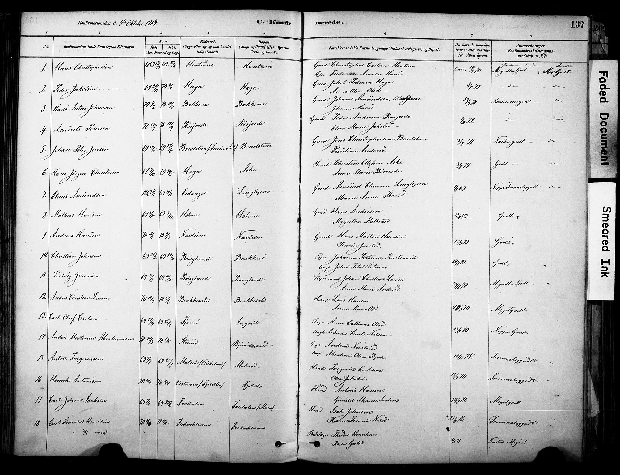 Brunlanes kirkebøker, AV/SAKO-A-342/F/Fc/L0001: Parish register (official) no. III 1, 1878-1899, p. 137