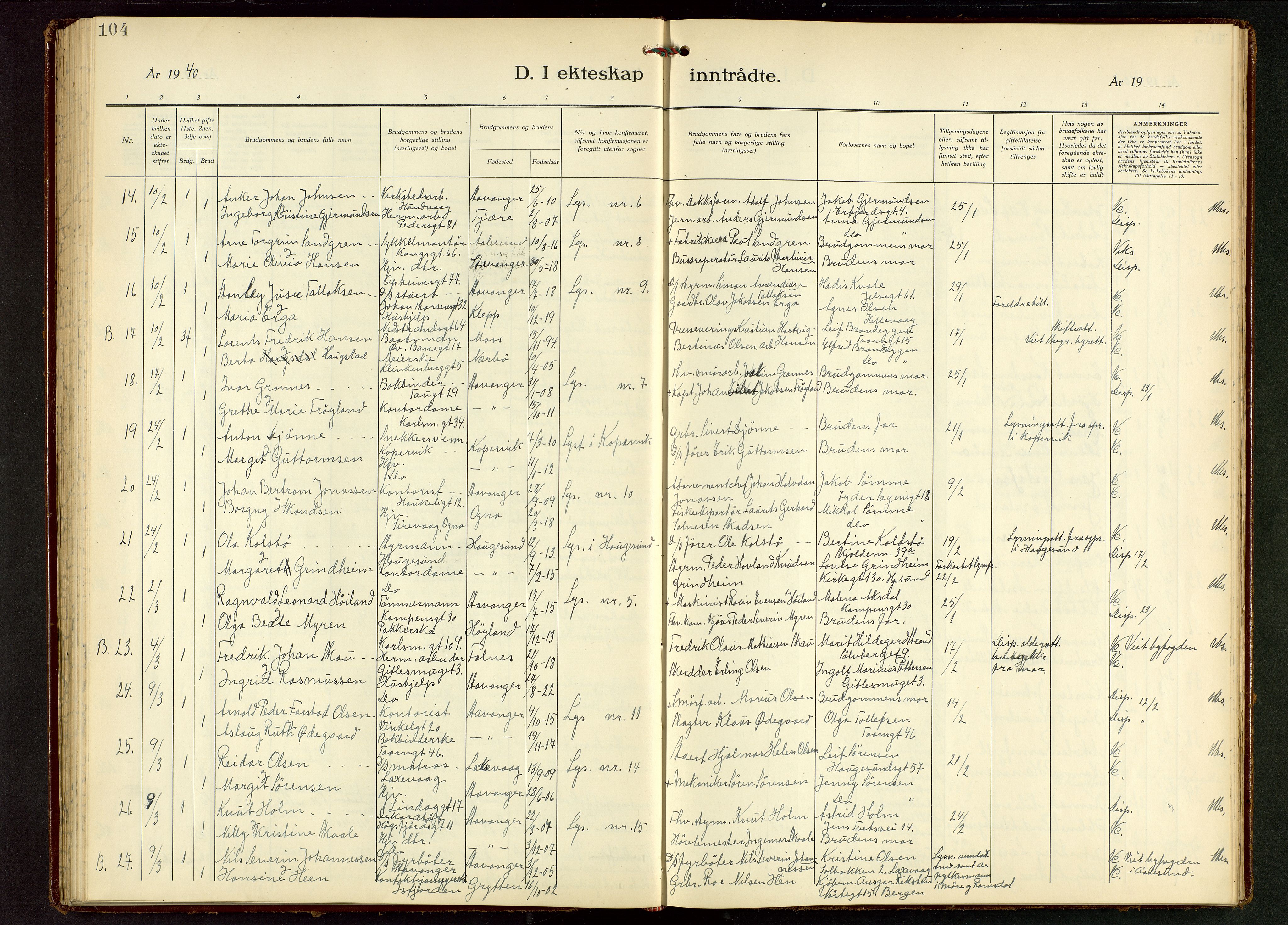 St. Johannes sokneprestkontor, SAST/A-101814/001/30/30BB/L0010: Parish register (copy) no. B 10, 1933-1946, p. 104