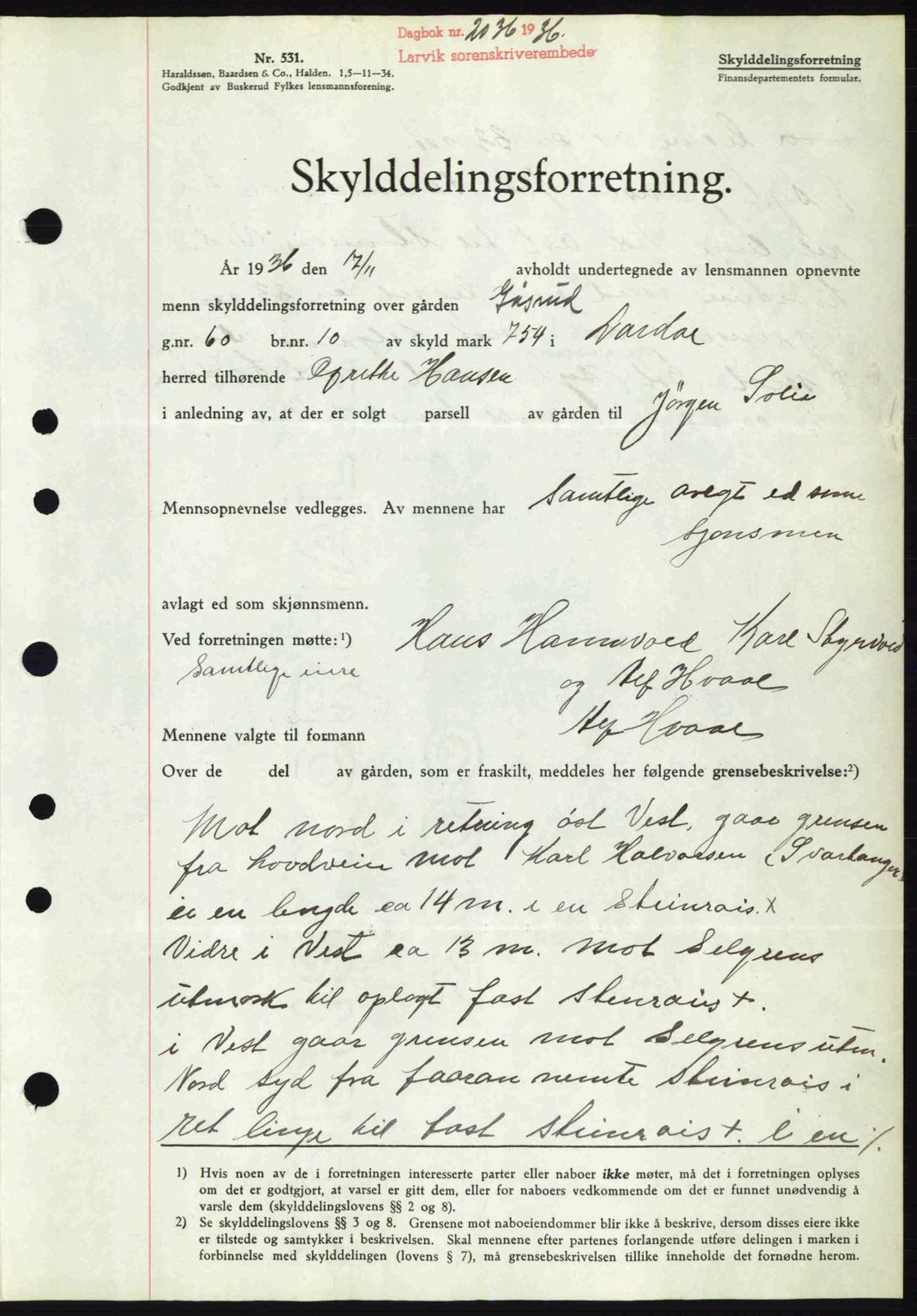 Larvik sorenskriveri, SAKO/A-83/G/Ga/Gab/L0067: Mortgage book no. A-1, 1936-1937, Diary no: : 2036/1936