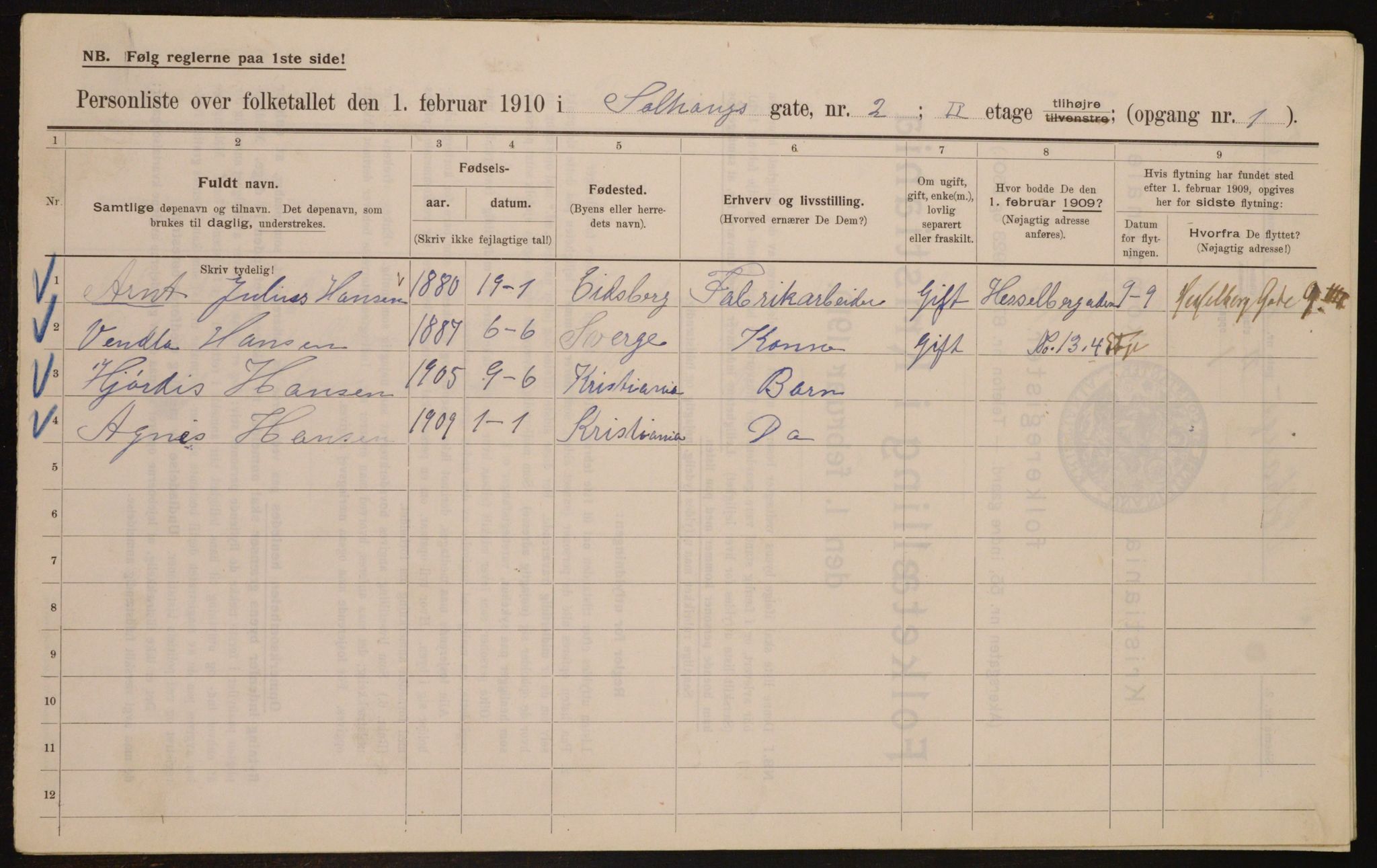 OBA, Municipal Census 1910 for Kristiania, 1910, p. 94724