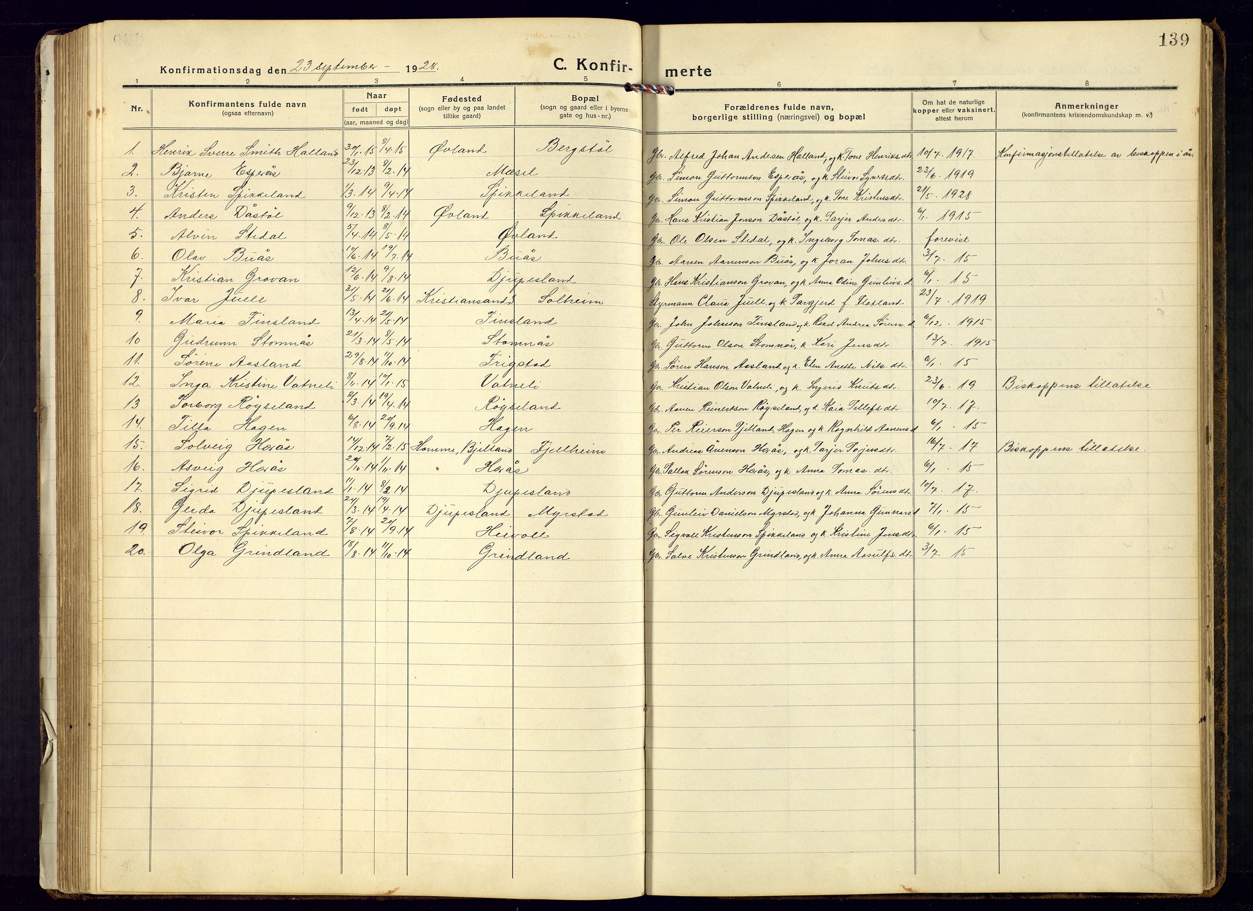 Bjelland sokneprestkontor, SAK/1111-0005/F/Fb/Fbb/L0006: Parish register (copy) no. B-6, 1918-1946, p. 139