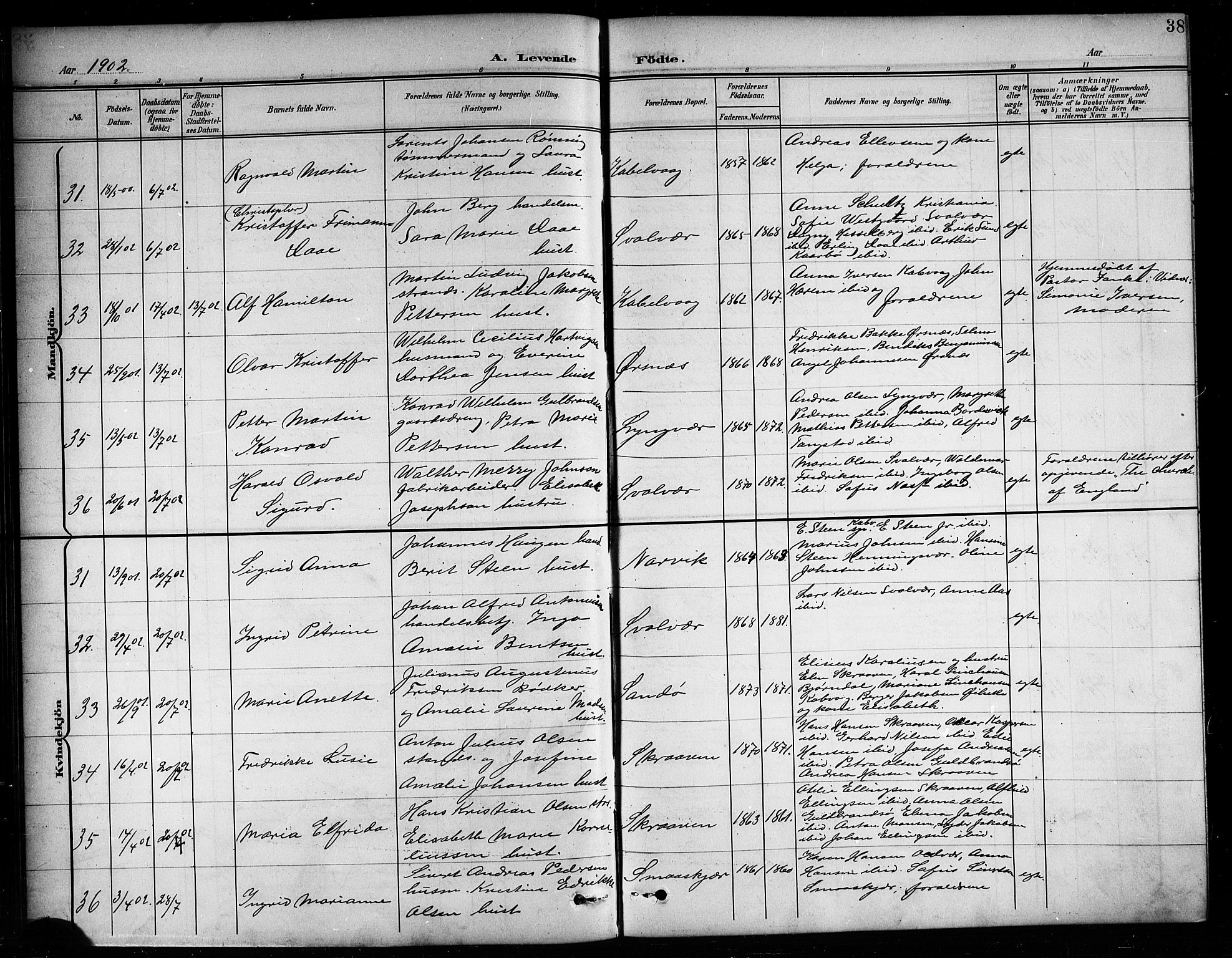 Ministerialprotokoller, klokkerbøker og fødselsregistre - Nordland, AV/SAT-A-1459/874/L1078: Parish register (copy) no. 874C07, 1900-1907, p. 38