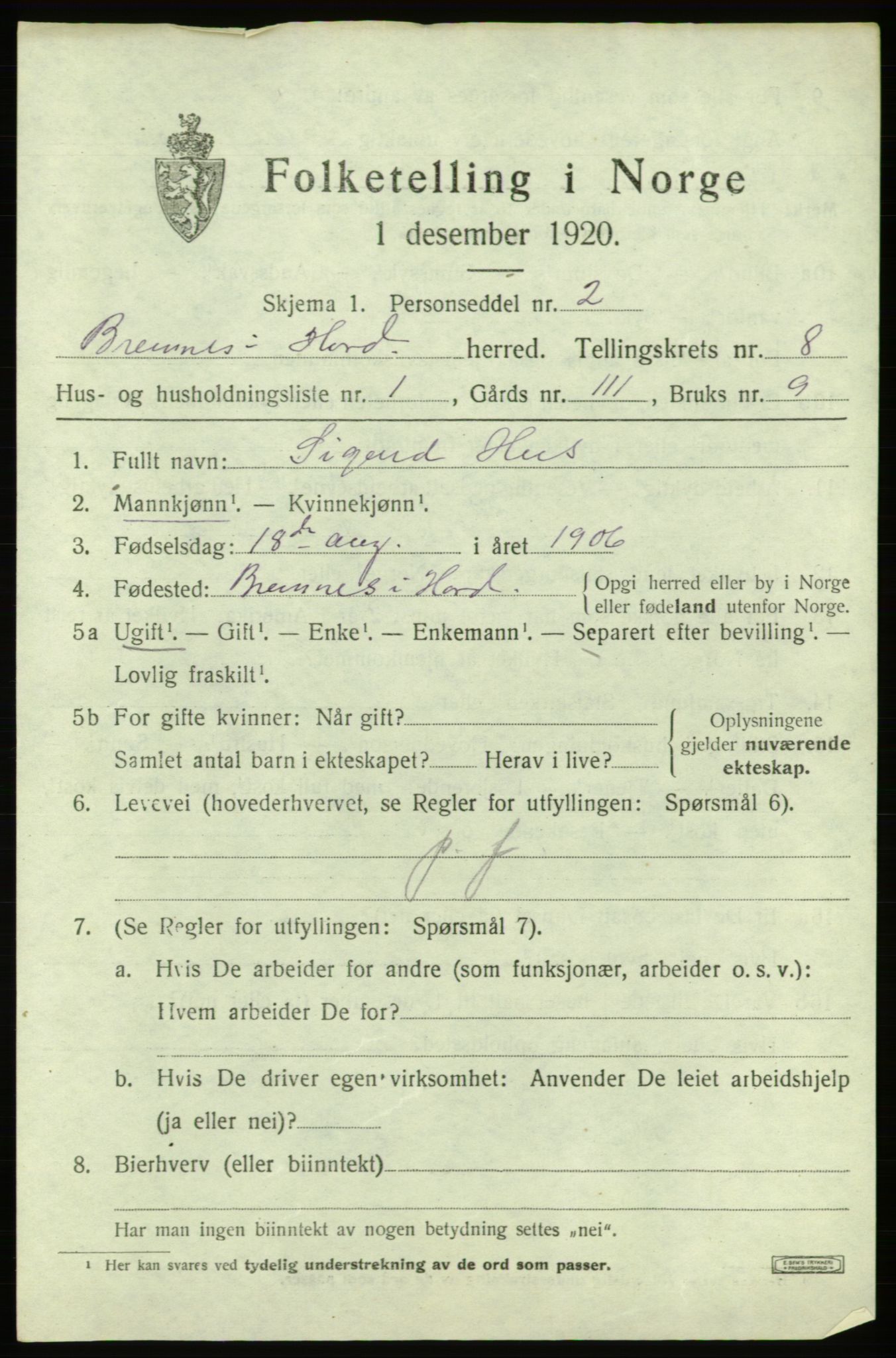 SAB, 1920 census for Bremnes, 1920, p. 5066