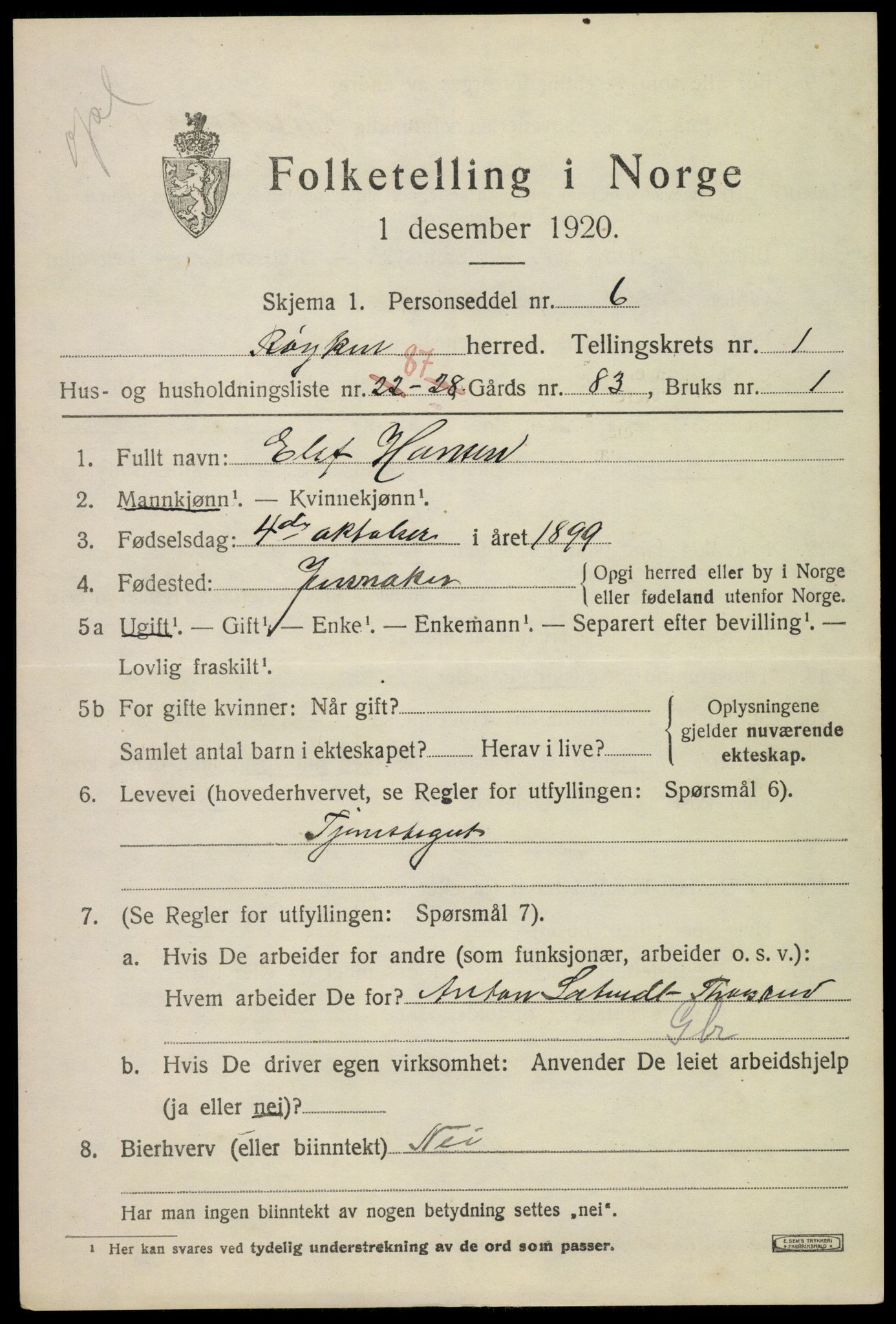 SAKO, 1920 census for Røyken, 1920, p. 2870