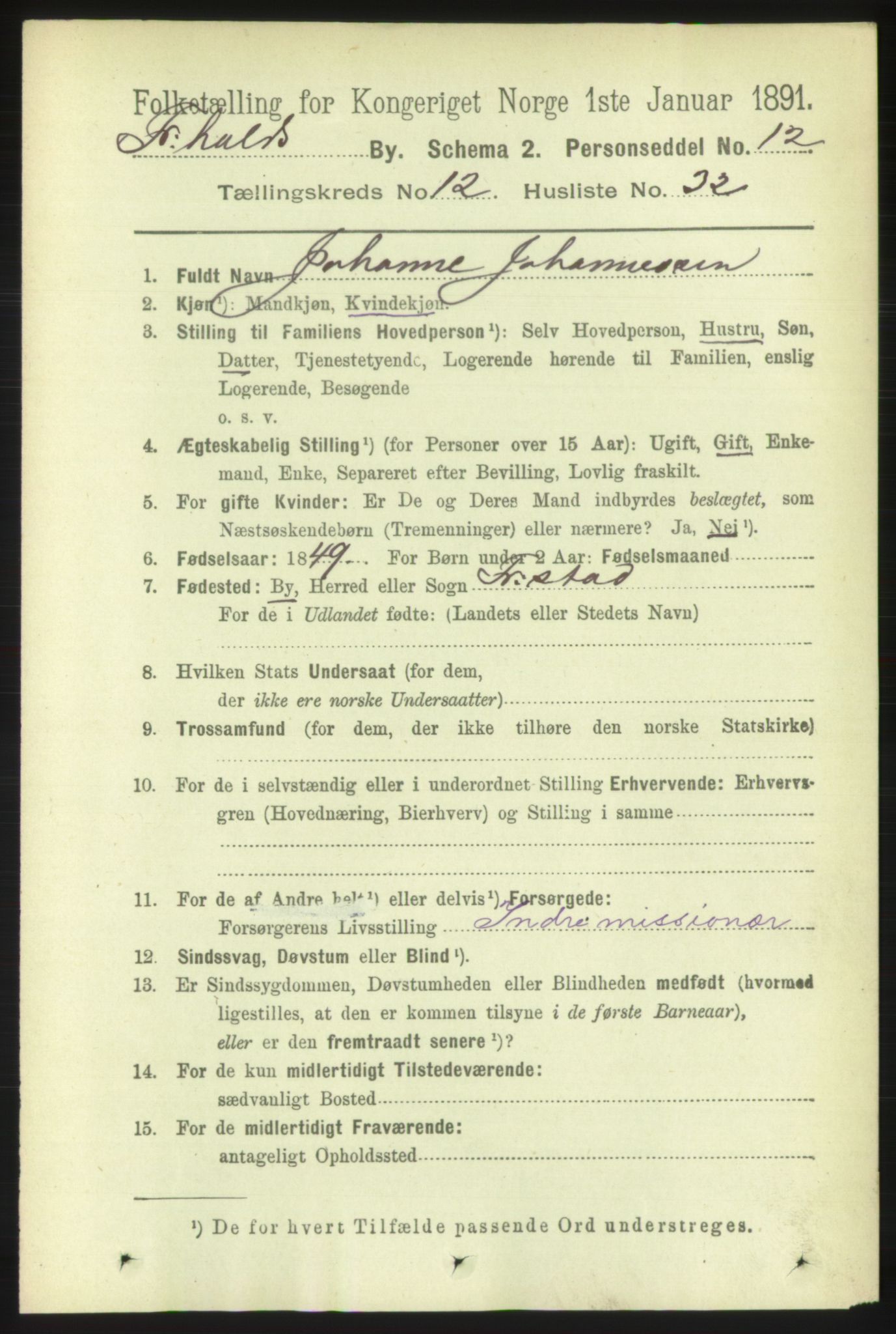 RA, 1891 census for 0101 Fredrikshald, 1891, p. 8693