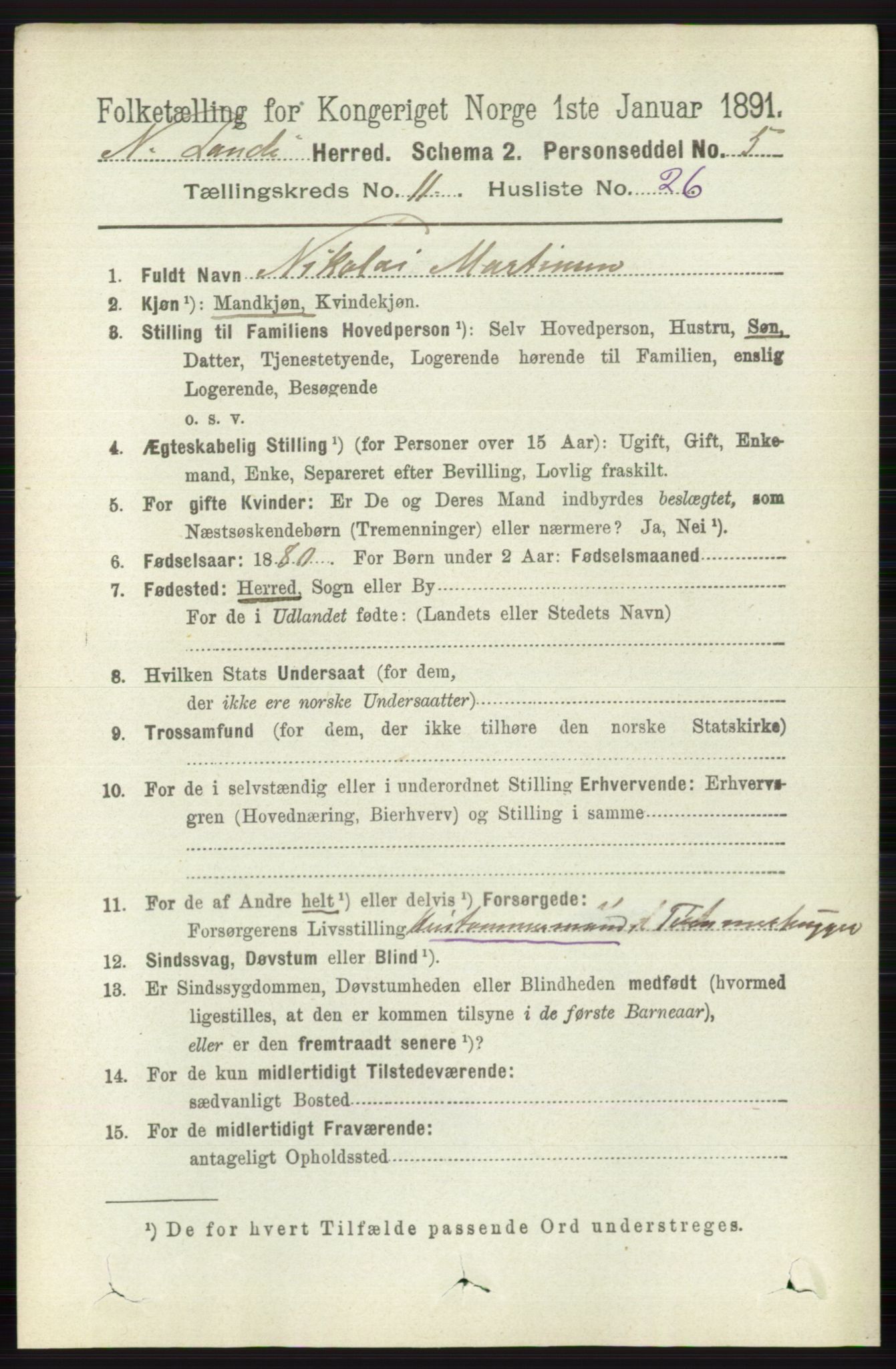 RA, 1891 census for 0538 Nordre Land, 1891, p. 3170