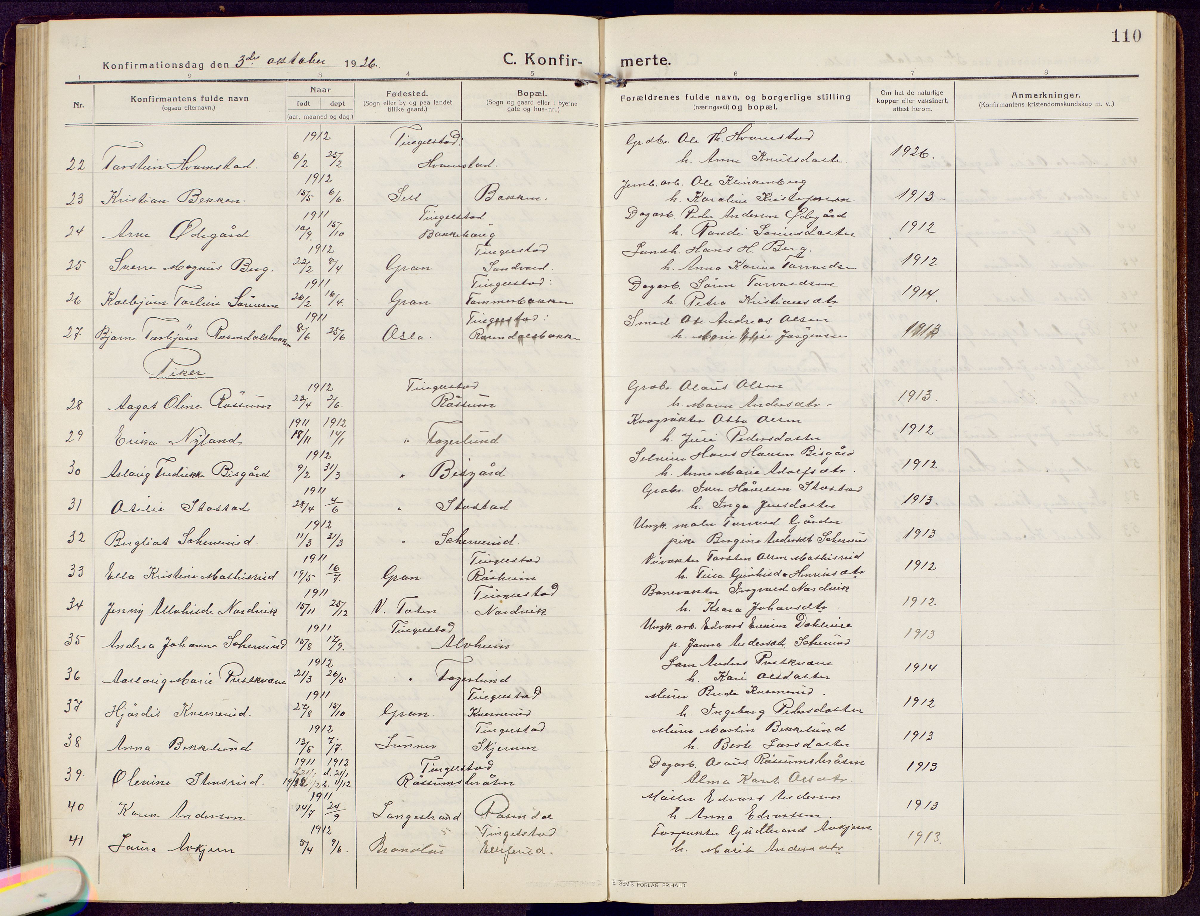 Brandbu prestekontor, SAH/PREST-114/H/Ha/Hab/L0010: Parish register (copy) no. 10, 1916-1930, p. 110