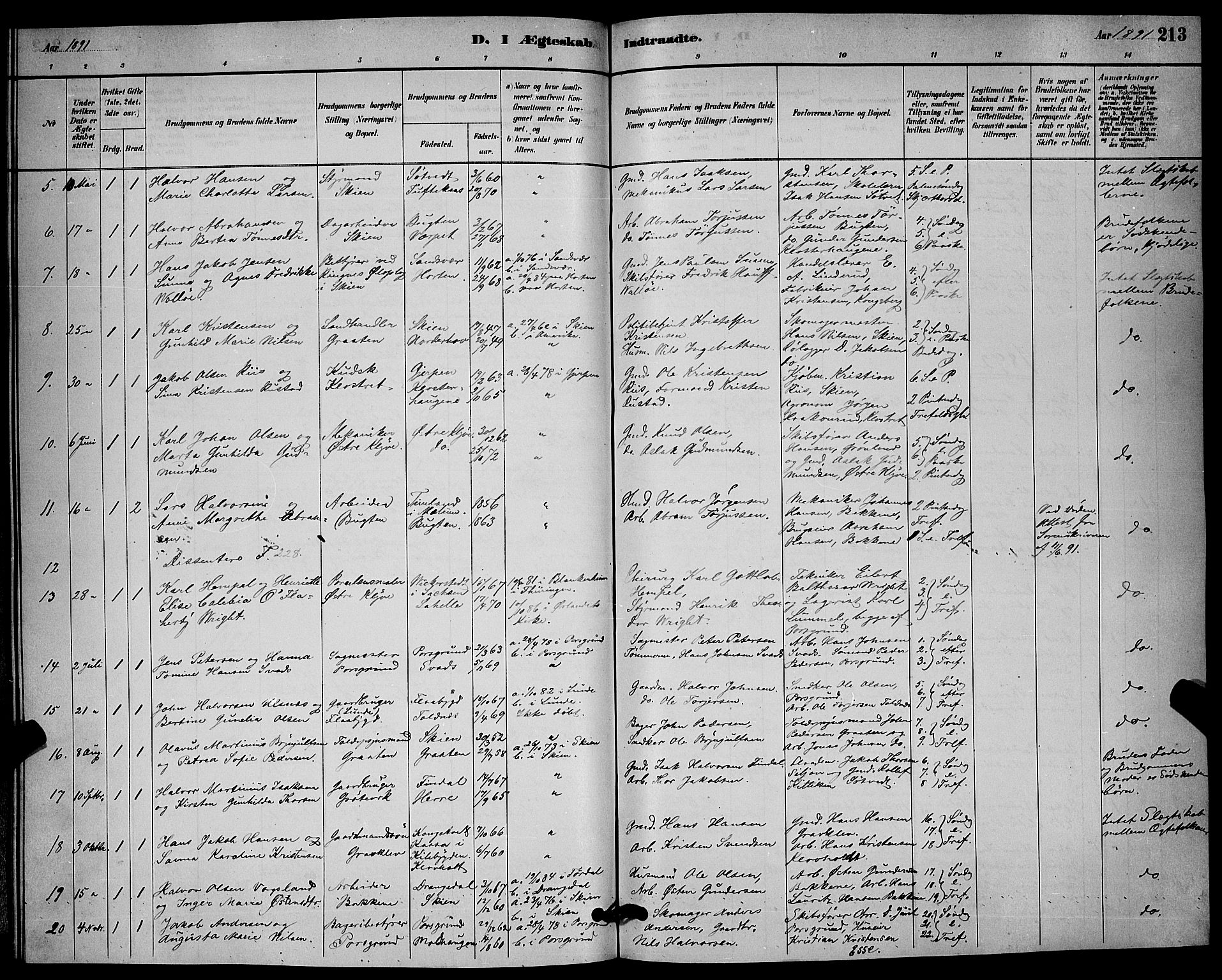 Solum kirkebøker, SAKO/A-306/G/Ga/L0007: Parish register (copy) no. I 7, 1884-1898, p. 213