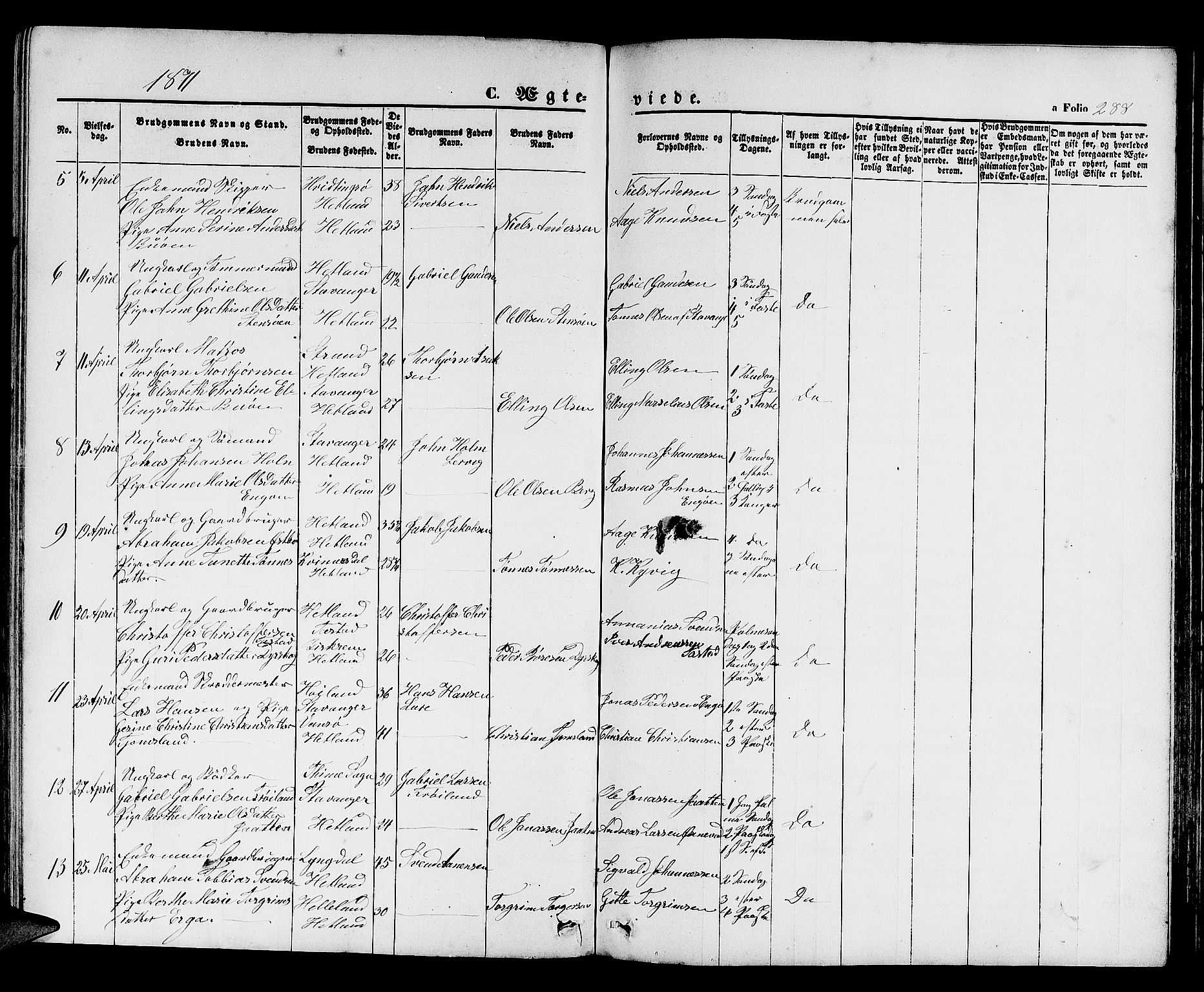 Hetland sokneprestkontor, SAST/A-101826/30/30BB/L0003: Parish register (copy) no. B 3, 1863-1877, p. 288