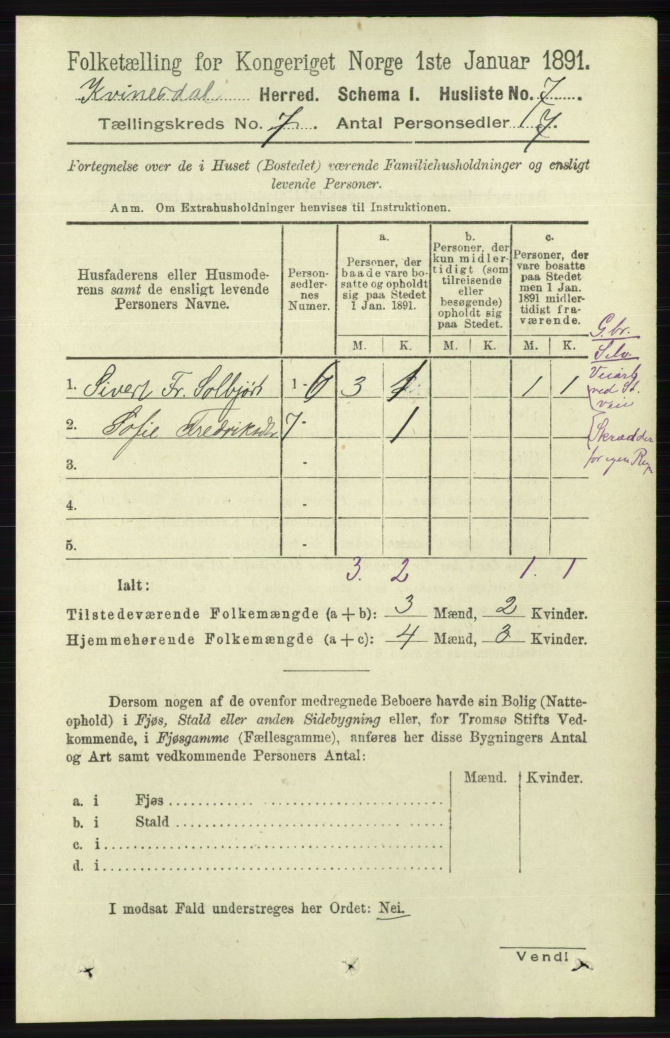 RA, 1891 census for 1037 Kvinesdal, 1891, p. 2382