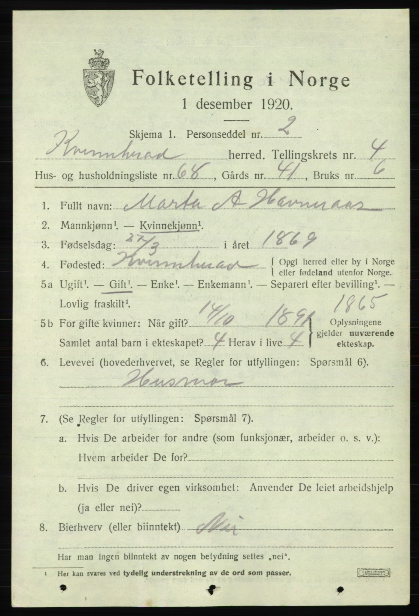 SAB, 1920 census for Kvinnherad, 1920, p. 5966