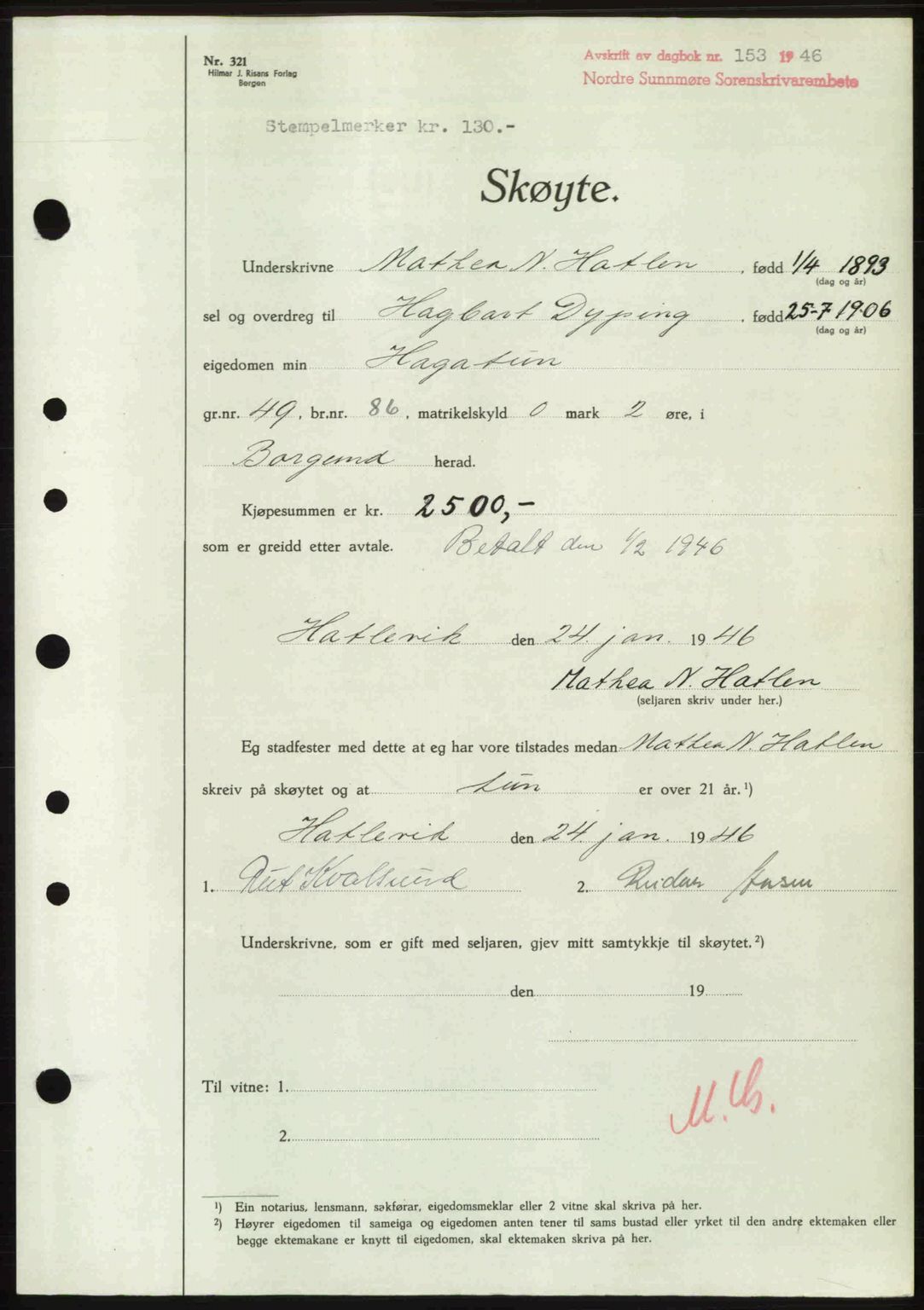 Nordre Sunnmøre sorenskriveri, AV/SAT-A-0006/1/2/2C/2Ca: Mortgage book no. A20b, 1946-1946, Diary no: : 153/1946