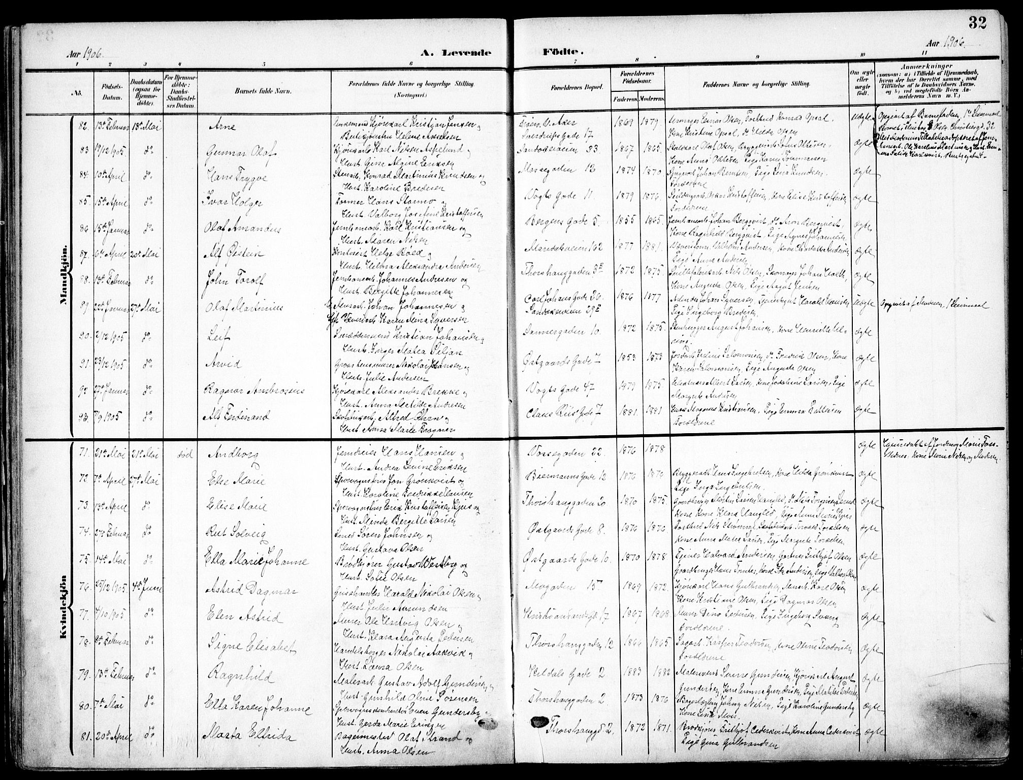 Sagene prestekontor Kirkebøker, AV/SAO-A-10796/F/L0007: Parish register (official) no. 7, 1905-1915, p. 32