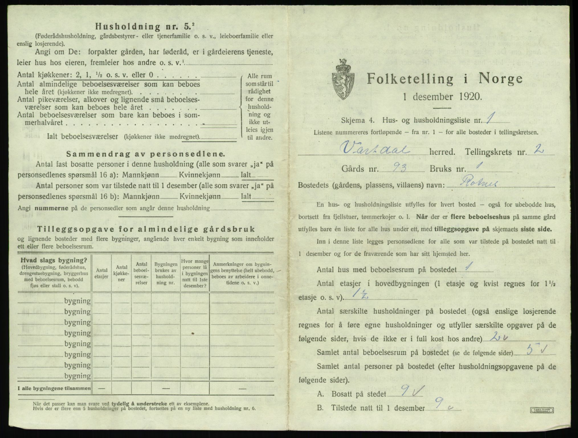 SAT, 1920 census for Vartdal, 1920, p. 91