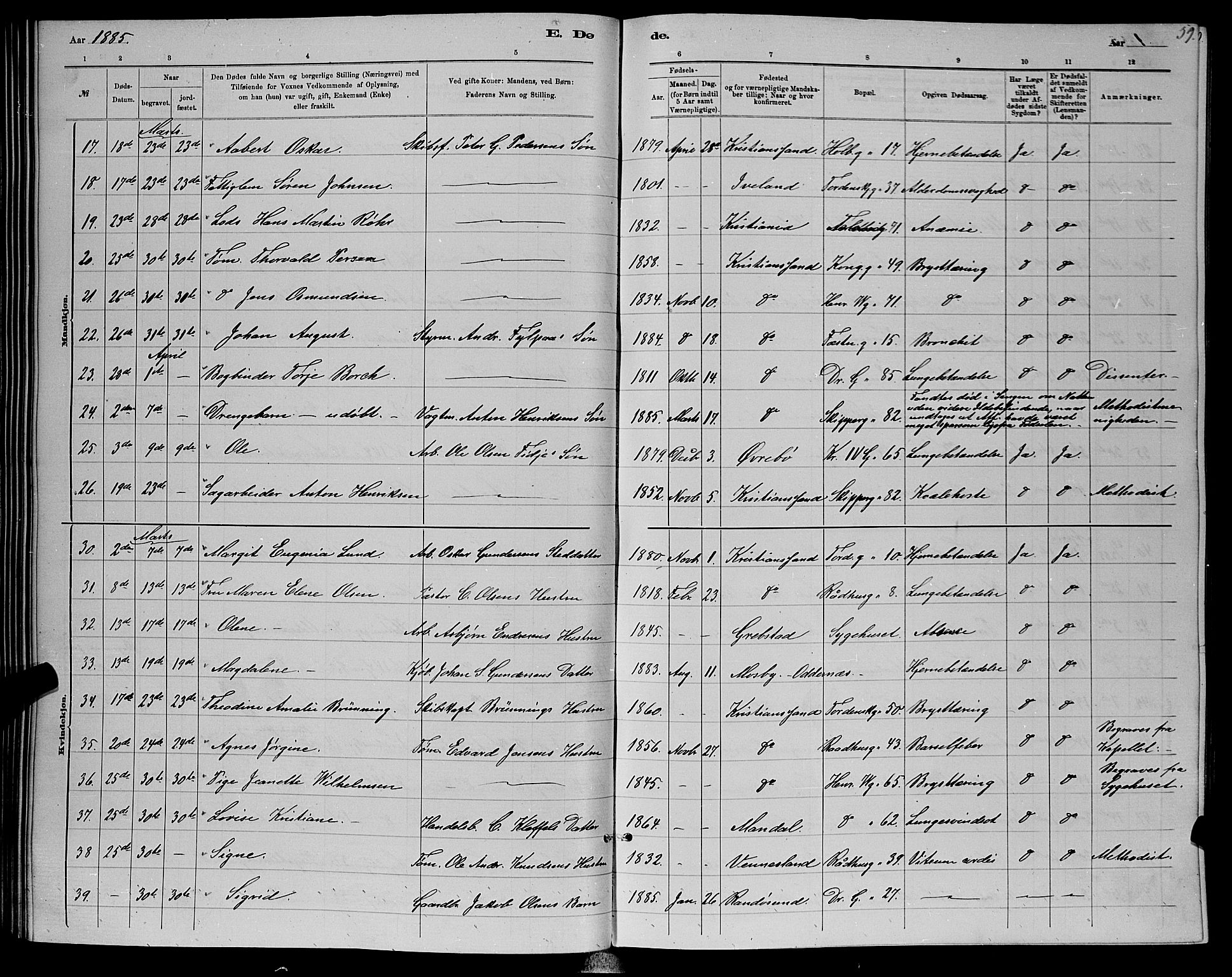 Kristiansand domprosti, SAK/1112-0006/F/Fb/L0016: Parish register (copy) no. B 16, 1881-1893, p. 59