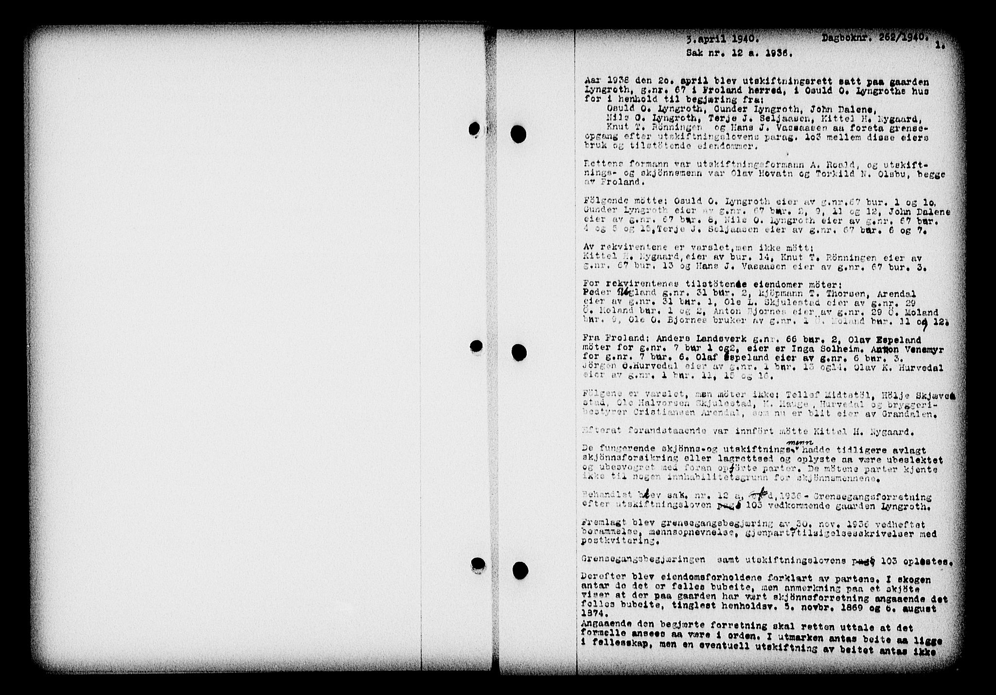 Nedenes sorenskriveri, SAK/1221-0006/G/Gb/Gba/L0047: Mortgage book no. A-I, 1939-1940, Diary no: : 262/1940