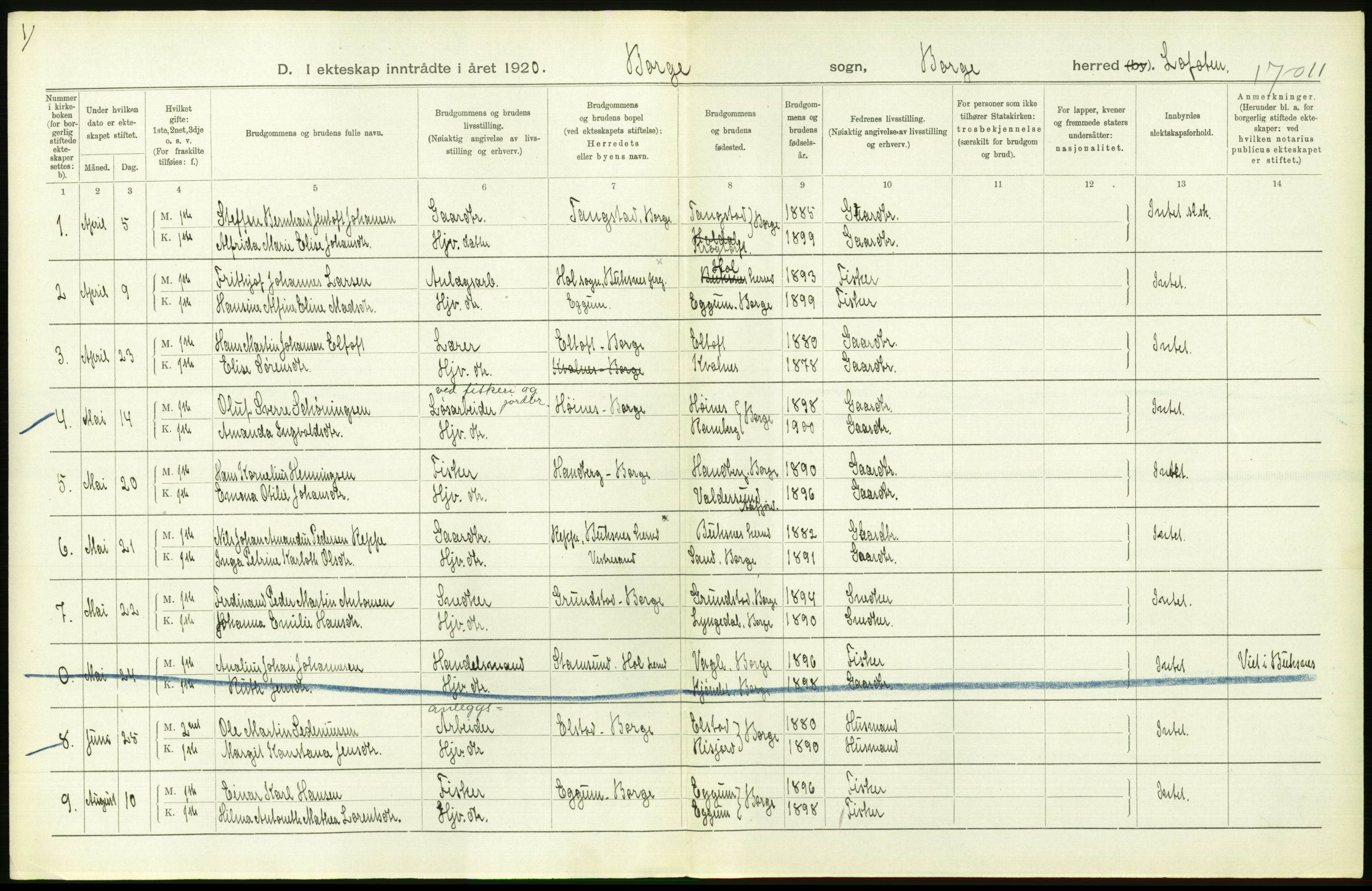 Statistisk sentralbyrå, Sosiodemografiske emner, Befolkning, AV/RA-S-2228/D/Df/Dfb/Dfbj/L0057: Nordland fylke: Gifte, dødfødte. Bygder og byer., 1920, p. 242