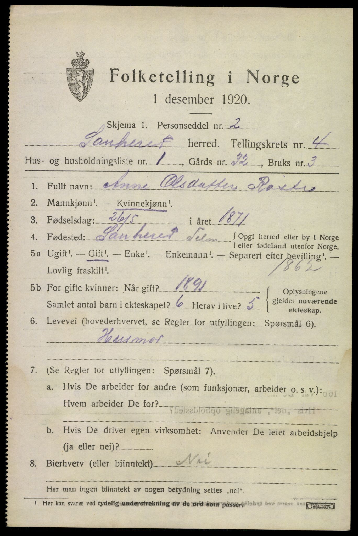 SAKO, 1920 census for Sauherad, 1920, p. 3609