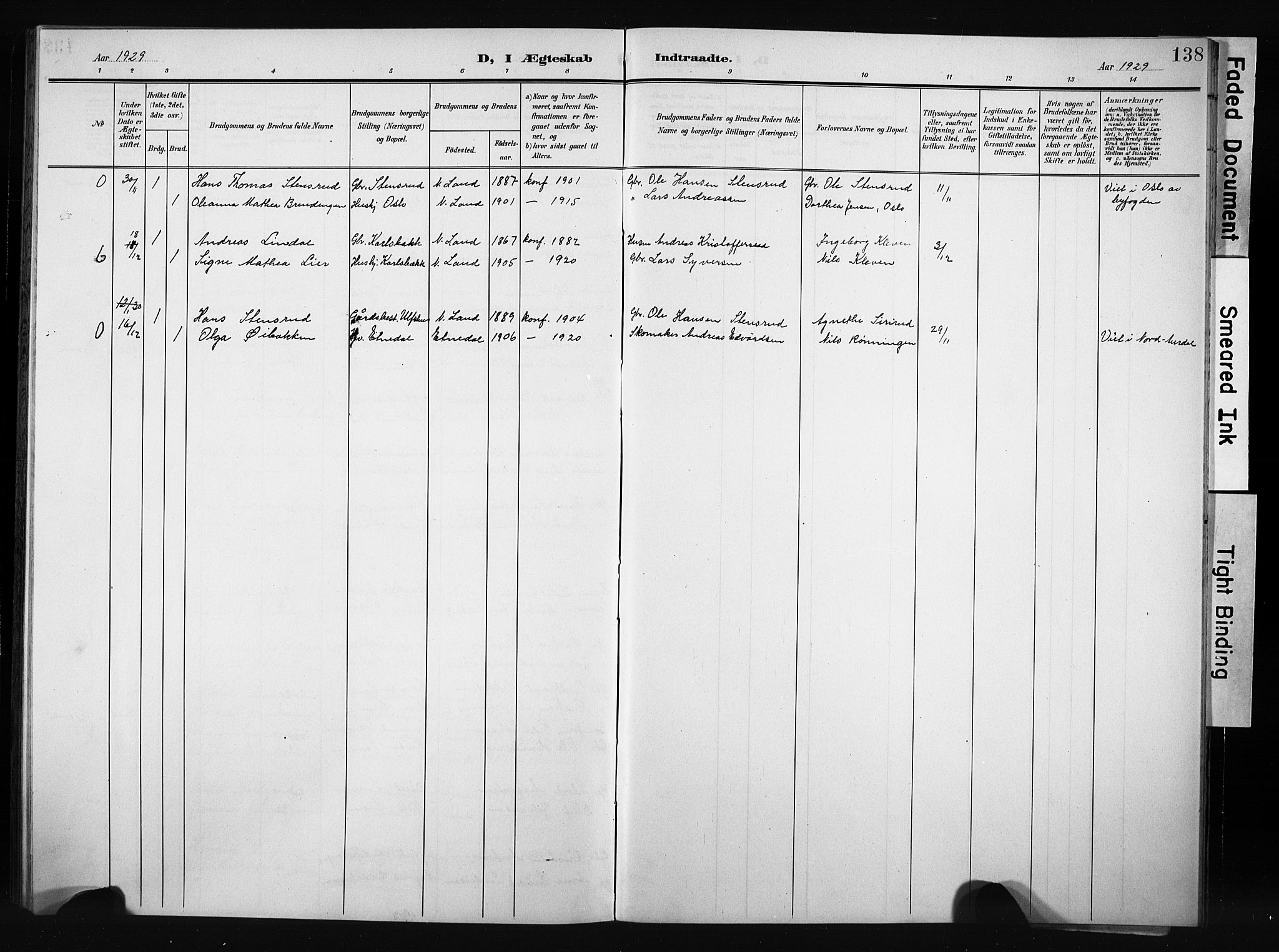 Nordre Land prestekontor, SAH/PREST-124/H/Ha/Hab/L0006: Parish register (copy) no. 6, 1905-1929, p. 138