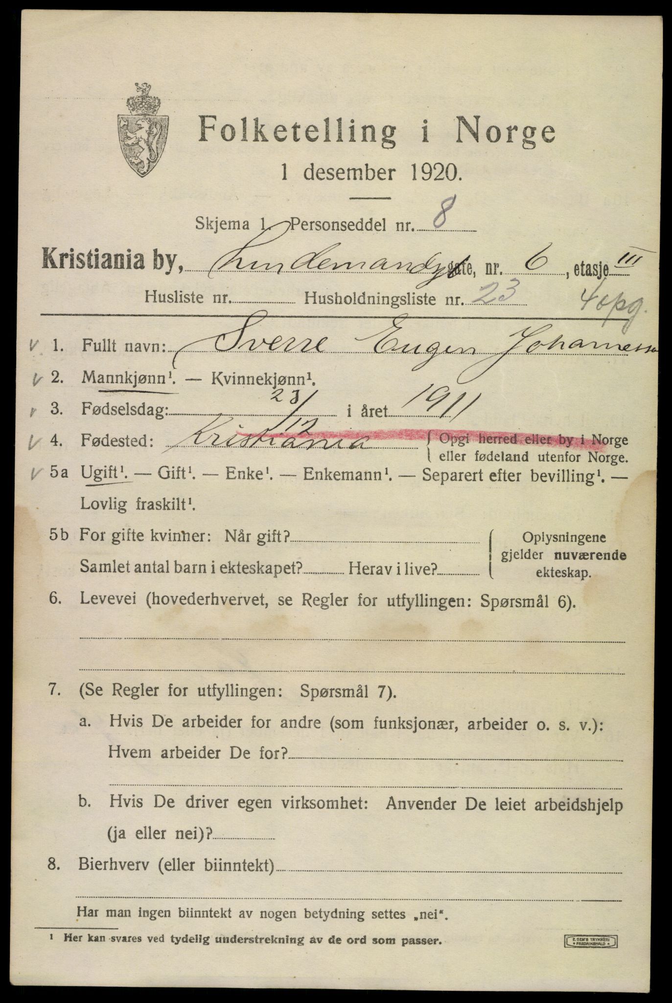 SAO, 1920 census for Kristiania, 1920, p. 365047