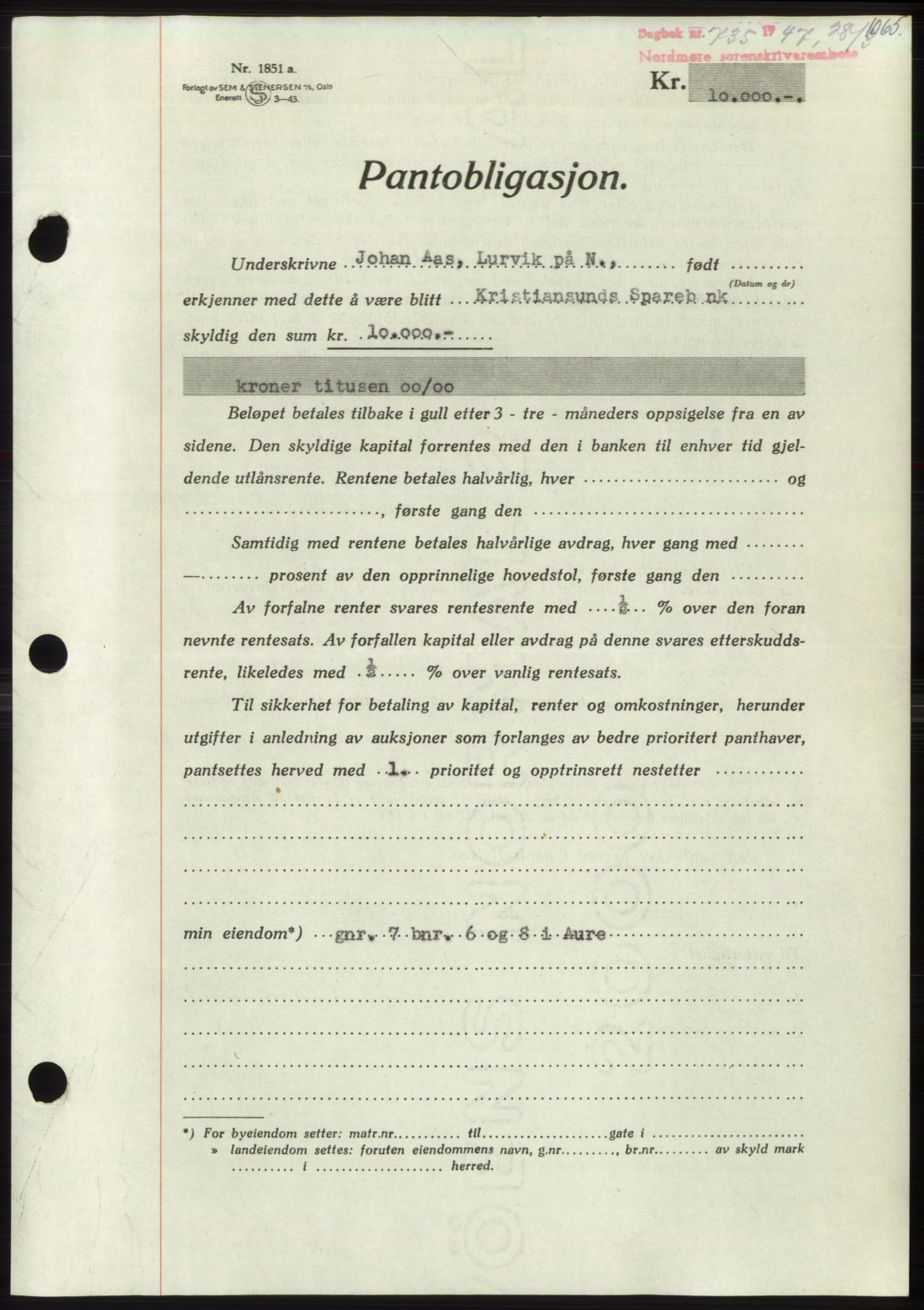 Nordmøre sorenskriveri, AV/SAT-A-4132/1/2/2Ca: Mortgage book no. B95, 1946-1947, Diary no: : 735/1947