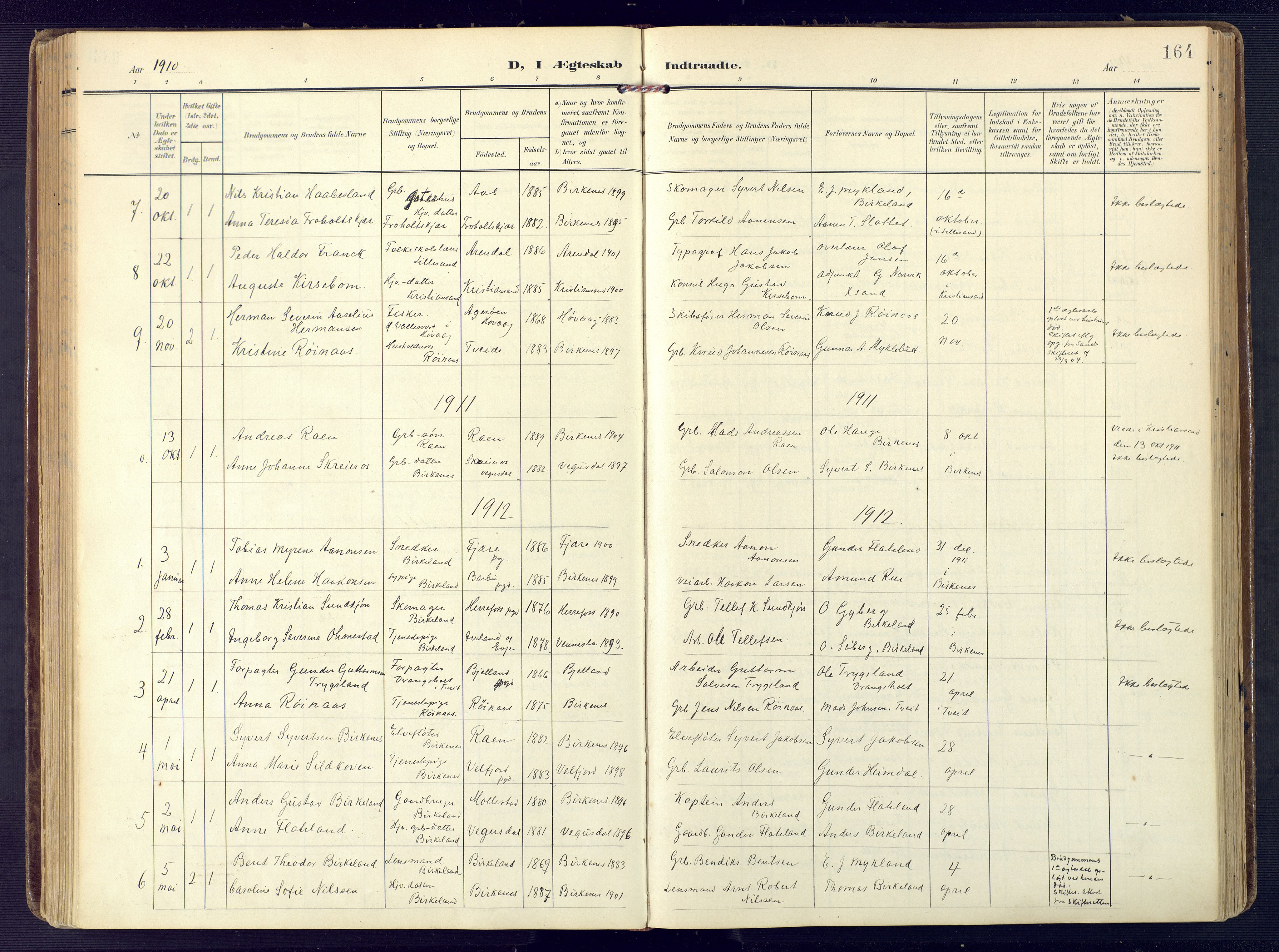 Birkenes sokneprestkontor, SAK/1111-0004/F/Fa/L0006: Parish register (official) no. A 6, 1908-1932, p. 164
