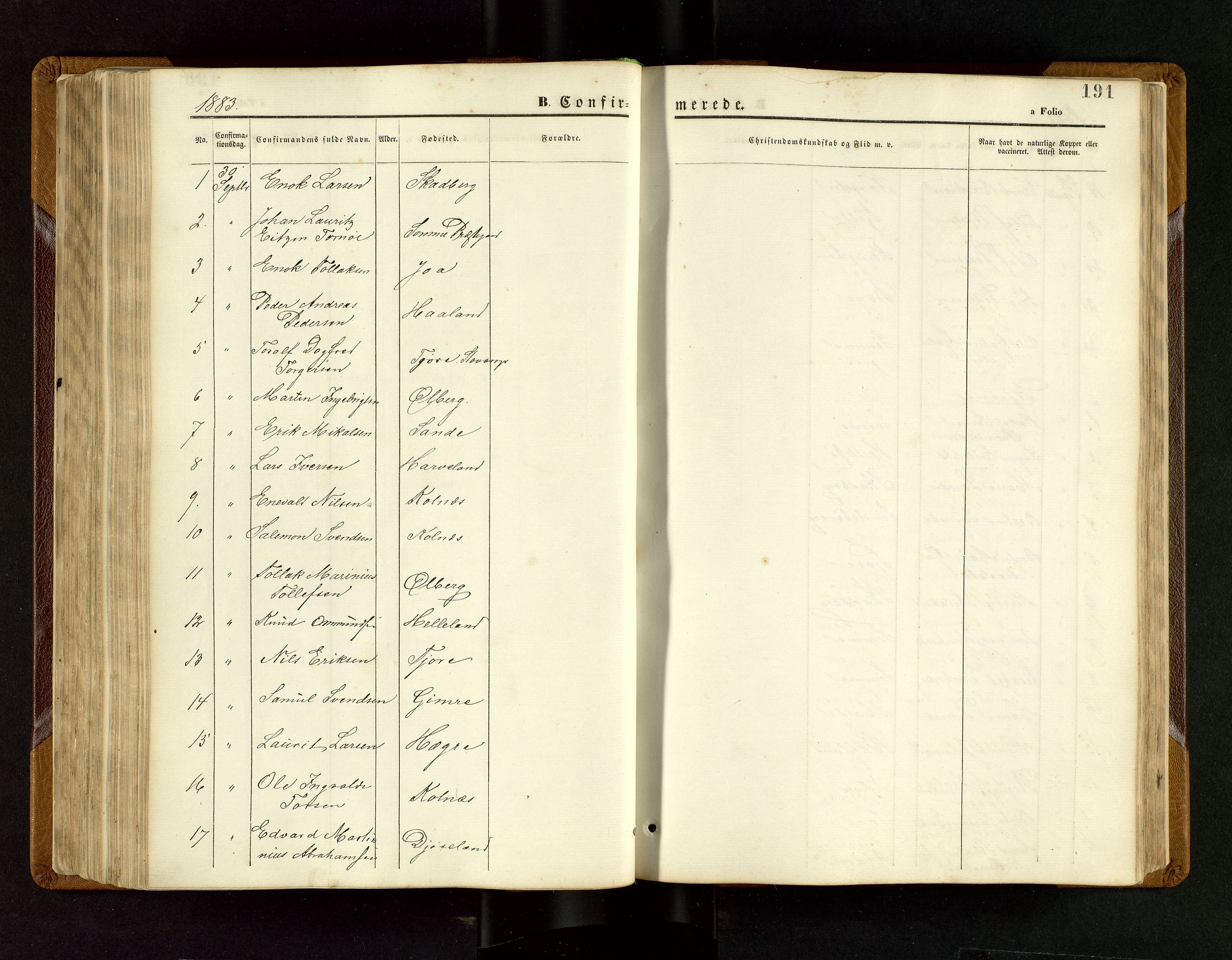 Håland sokneprestkontor, SAST/A-101802/001/30BB/L0003: Parish register (copy) no. B 3, 1873-1893, p. 191