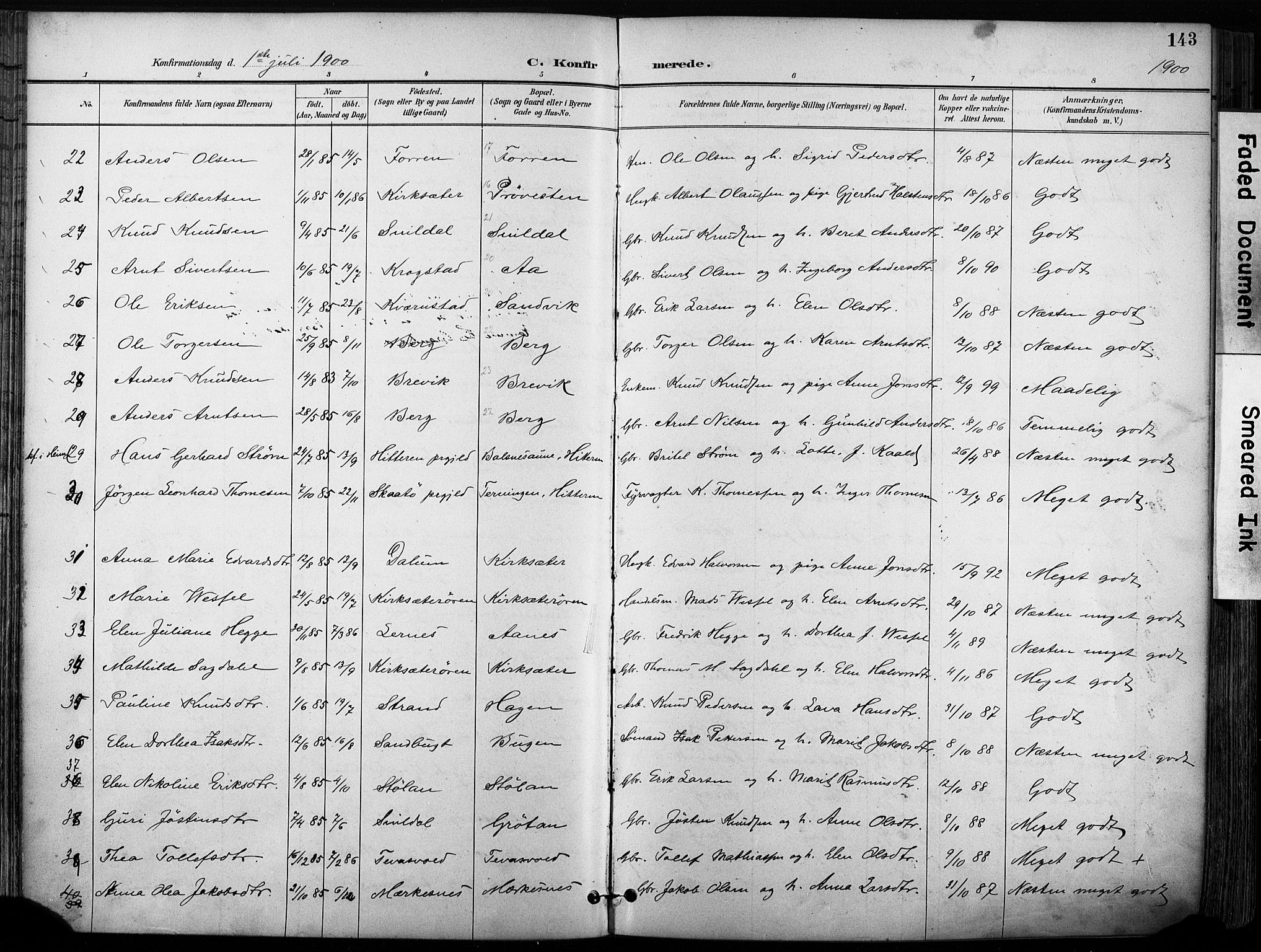 Ministerialprotokoller, klokkerbøker og fødselsregistre - Sør-Trøndelag, SAT/A-1456/630/L0497: Parish register (official) no. 630A10, 1896-1910, p. 143