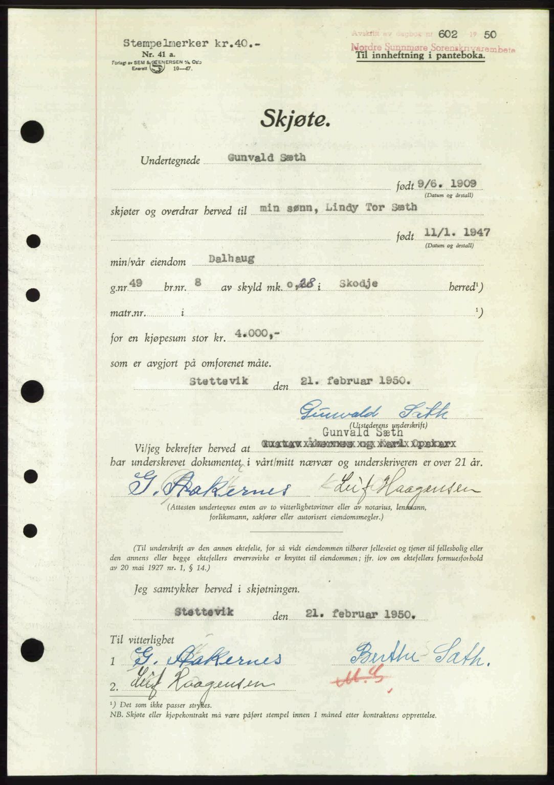 Nordre Sunnmøre sorenskriveri, AV/SAT-A-0006/1/2/2C/2Ca: Mortgage book no. A34, 1950-1950, Diary no: : 602/1950