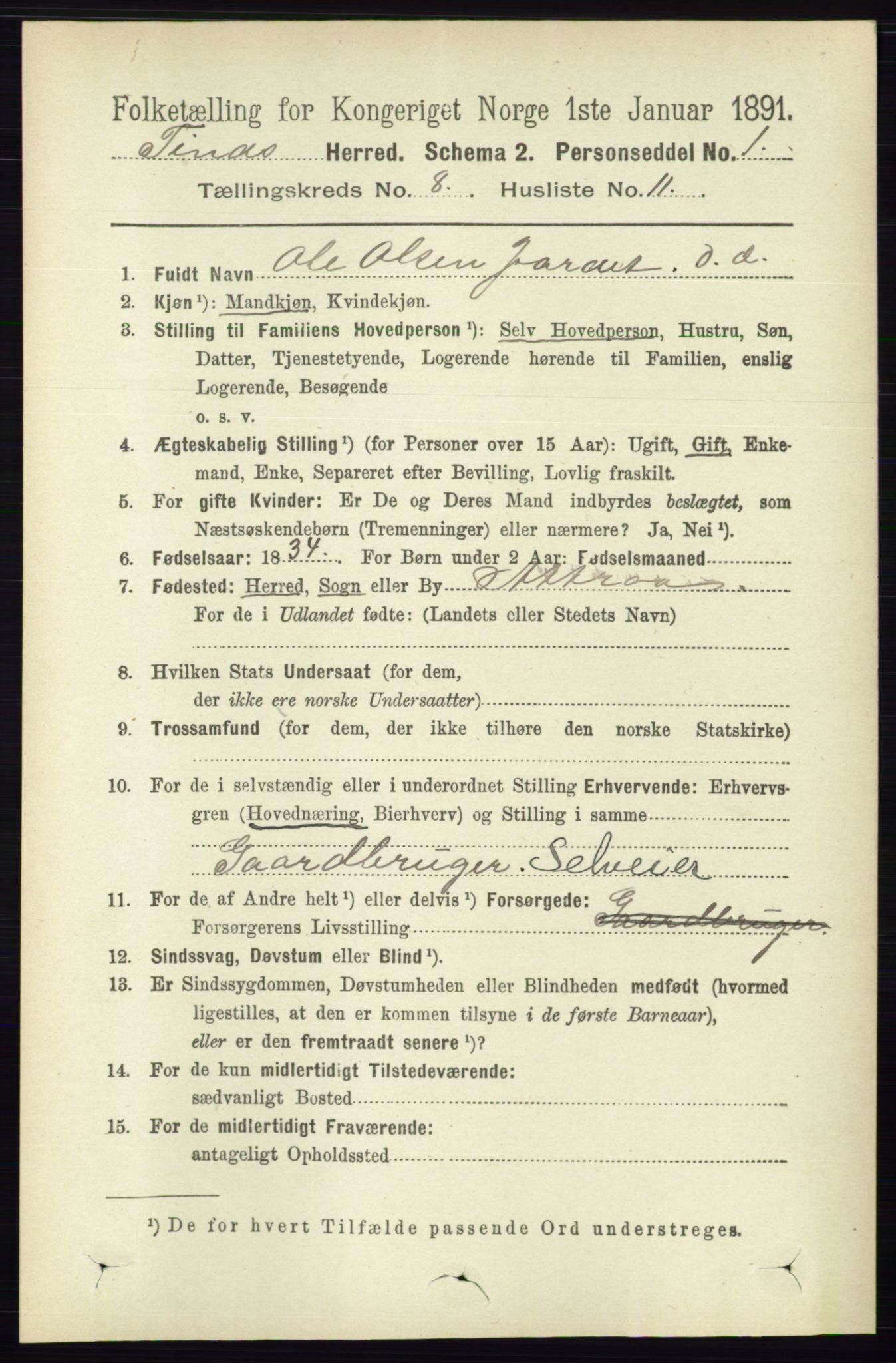 RA, 1891 census for 0826 Tinn, 1891, p. 1708