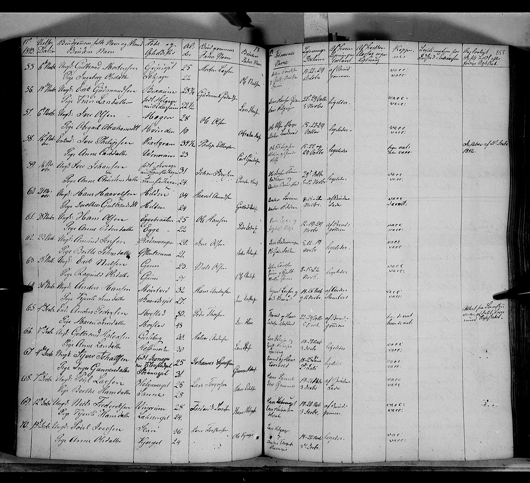 Gran prestekontor, SAH/PREST-112/H/Ha/Haa/L0011: Parish register (official) no. 11, 1842-1856, p. 854-855