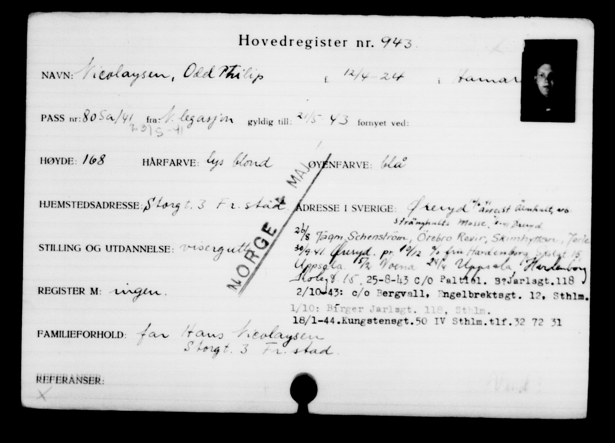 Utenriksstasjonene, Legasjonen i Stockholm, Flyktningkontoret, AV/RA-S-6753/V/Va/L0001: Kjesäterkartoteket, flyktninger med registreringsnr. 1-1000, 1940-1945, p. 1469