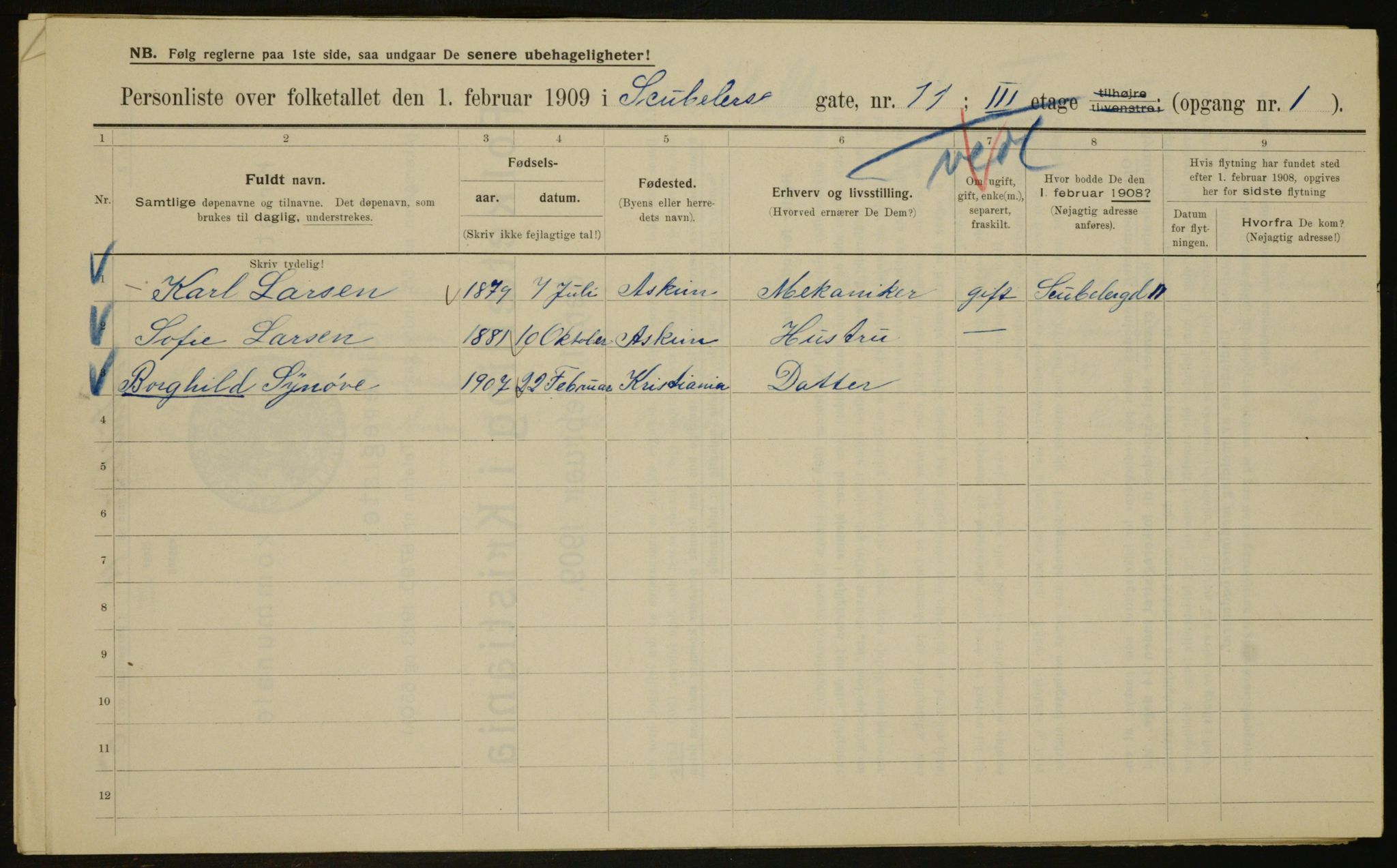 OBA, Municipal Census 1909 for Kristiania, 1909, p. 84355