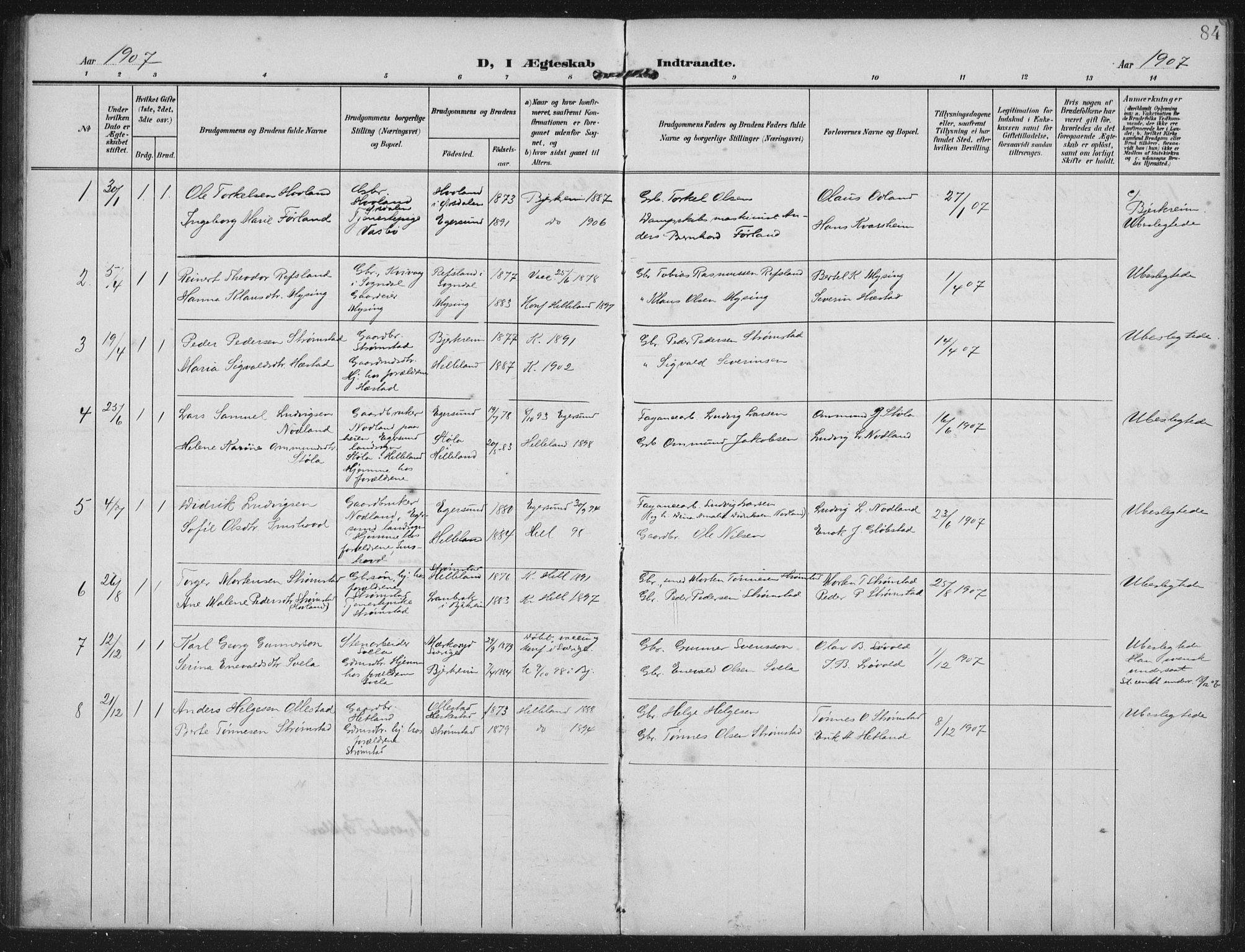 Helleland sokneprestkontor, SAST/A-101810: Parish register (official) no. A 12, 1906-1923, p. 84