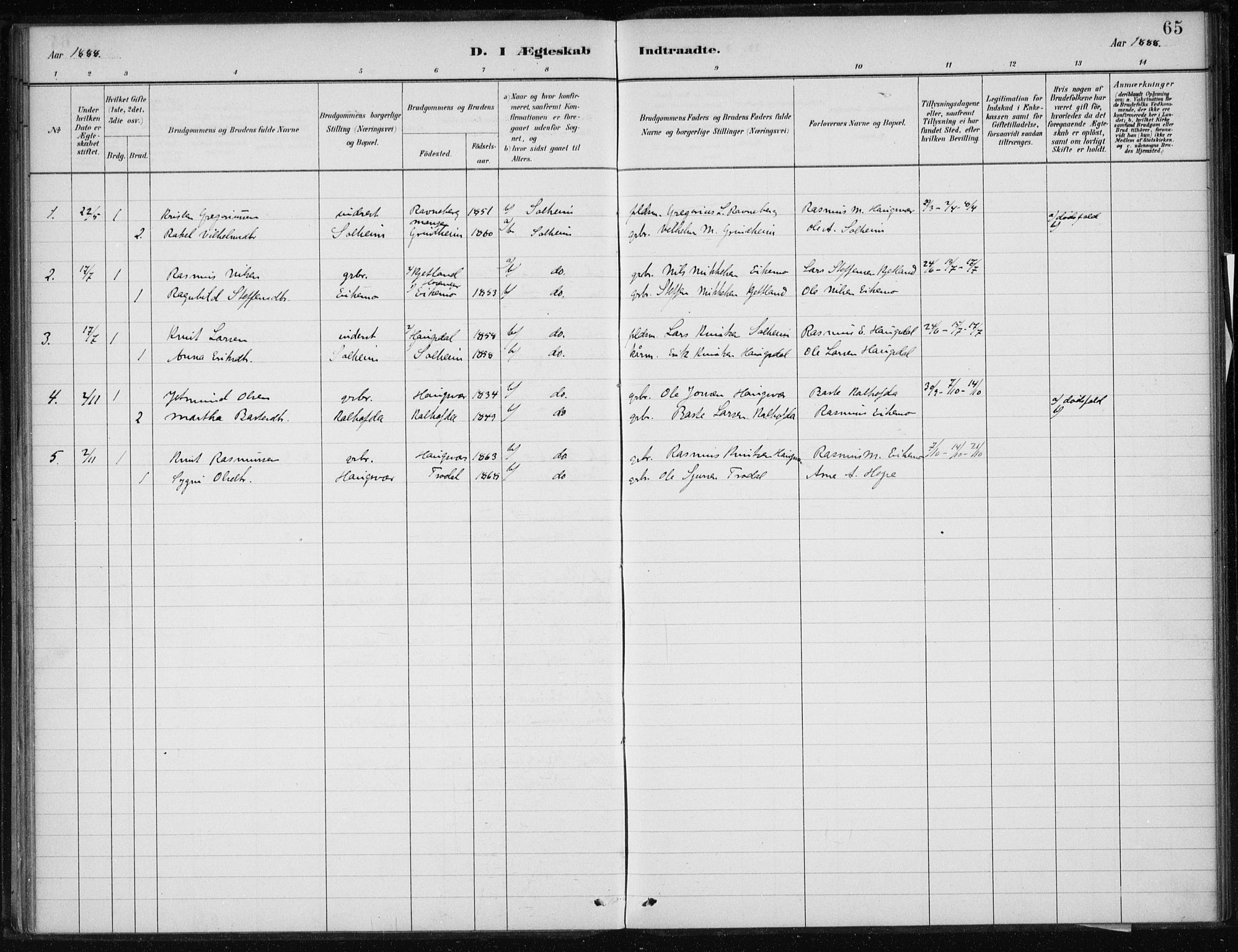 Masfjorden Sokneprestembete, AV/SAB-A-77001: Parish register (official) no. C  1, 1882-1896, p. 65