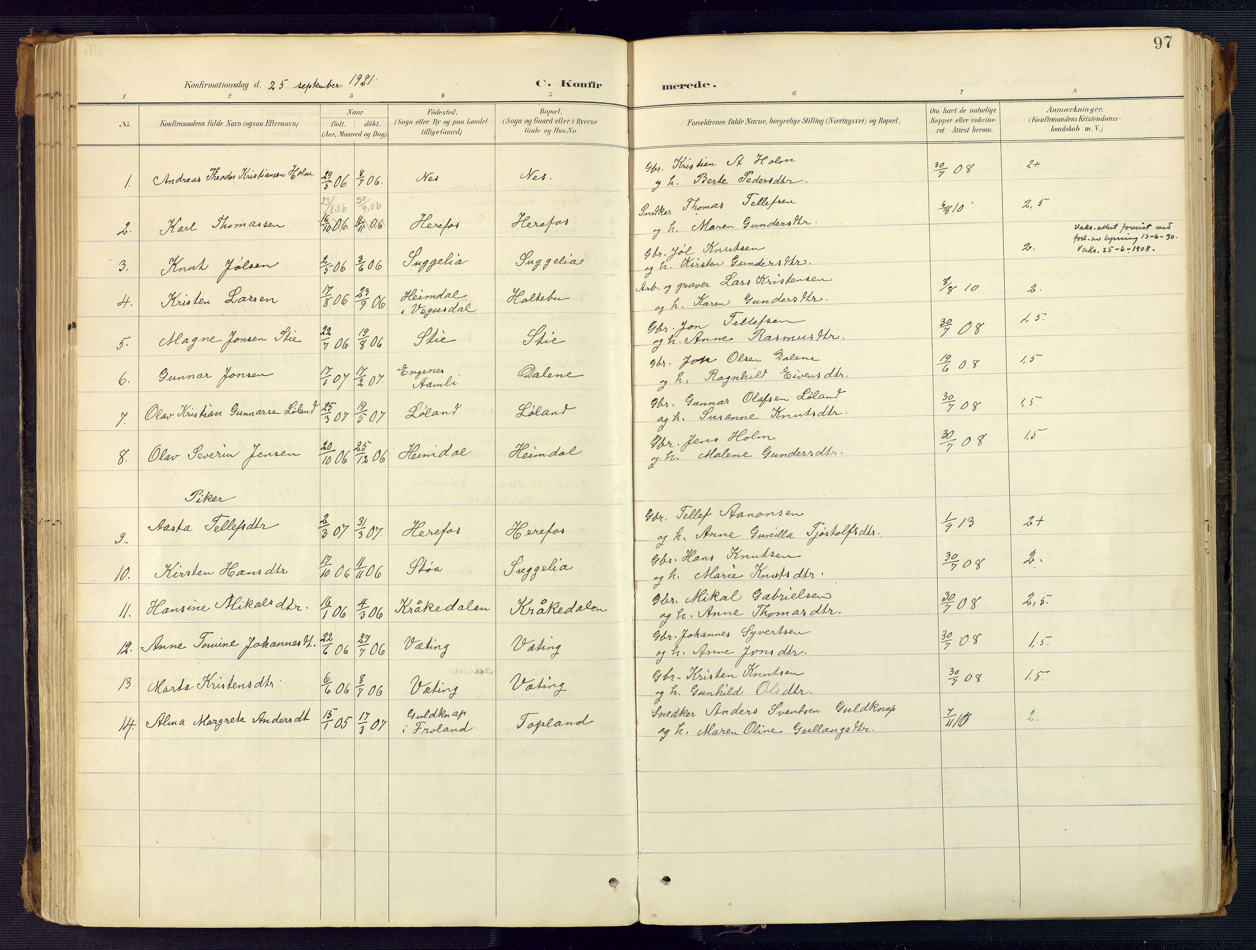 Herefoss sokneprestkontor, AV/SAK-1111-0019/F/Fa/Faa/L0003: Parish register (official) no. A 3, 1887-1930, p. 97