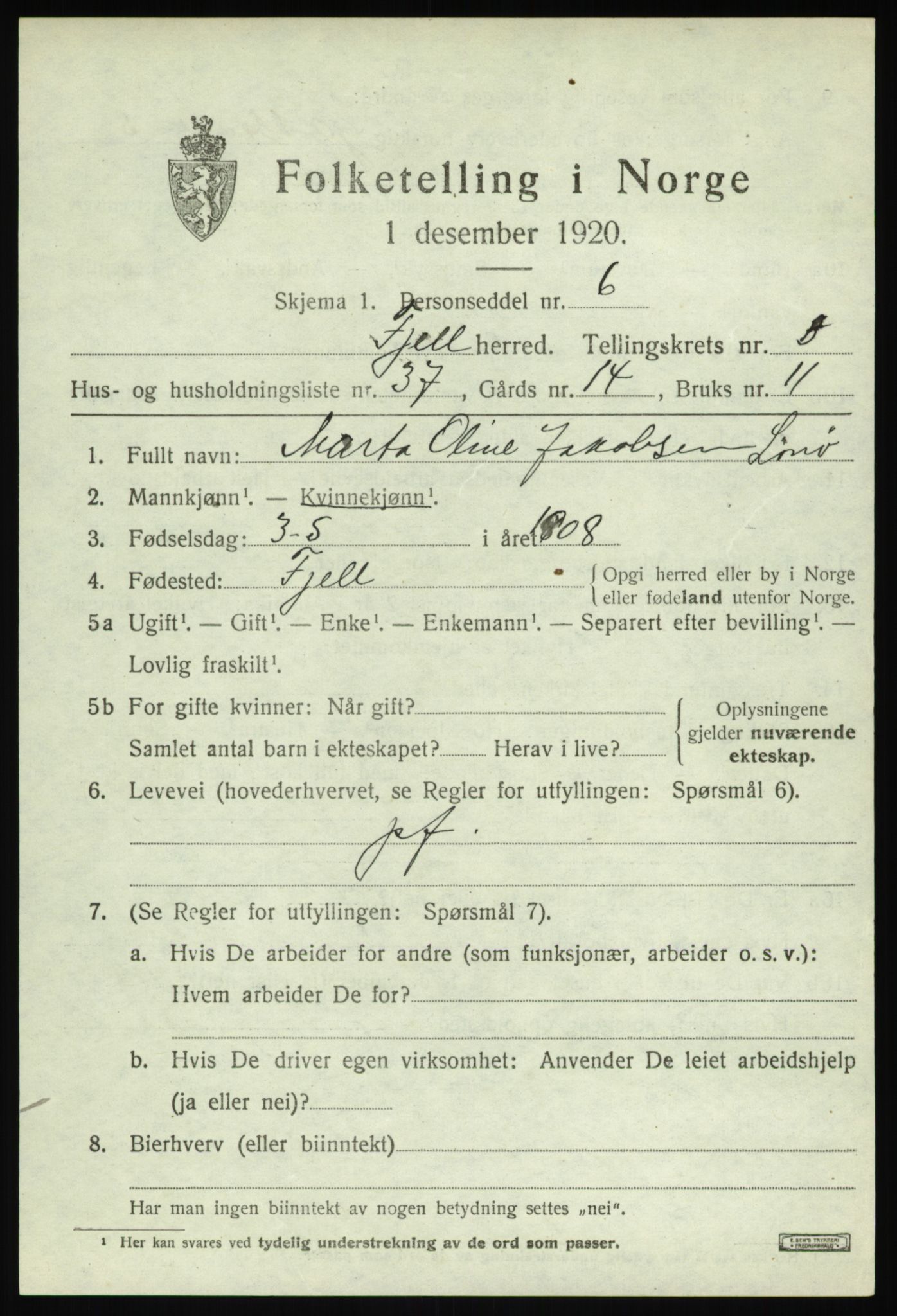 SAB, 1920 census for Fjell, 1920, p. 3442