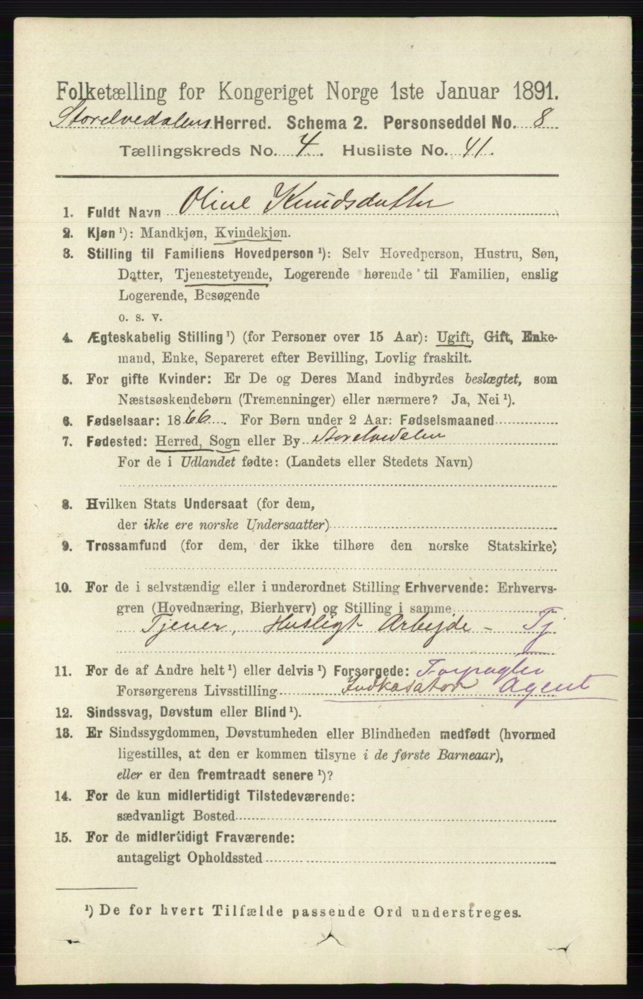 RA, 1891 census for 0430 Stor-Elvdal, 1891, p. 1664