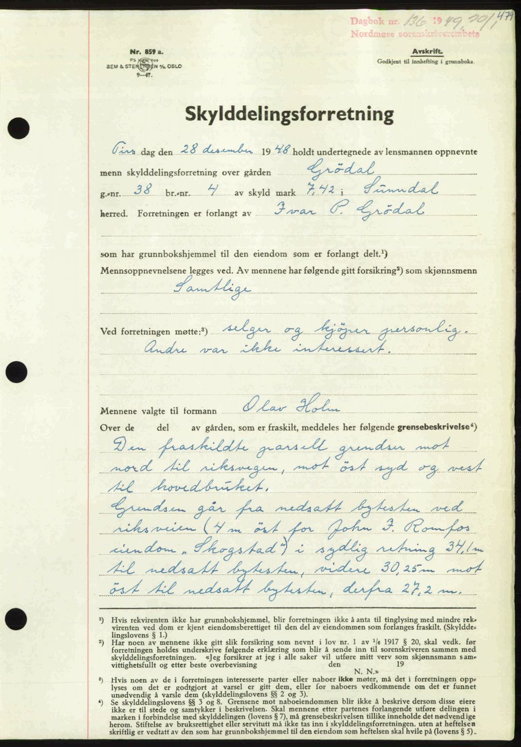 Nordmøre sorenskriveri, AV/SAT-A-4132/1/2/2Ca: Mortgage book no. A110, 1948-1949, Diary no: : 136/1949