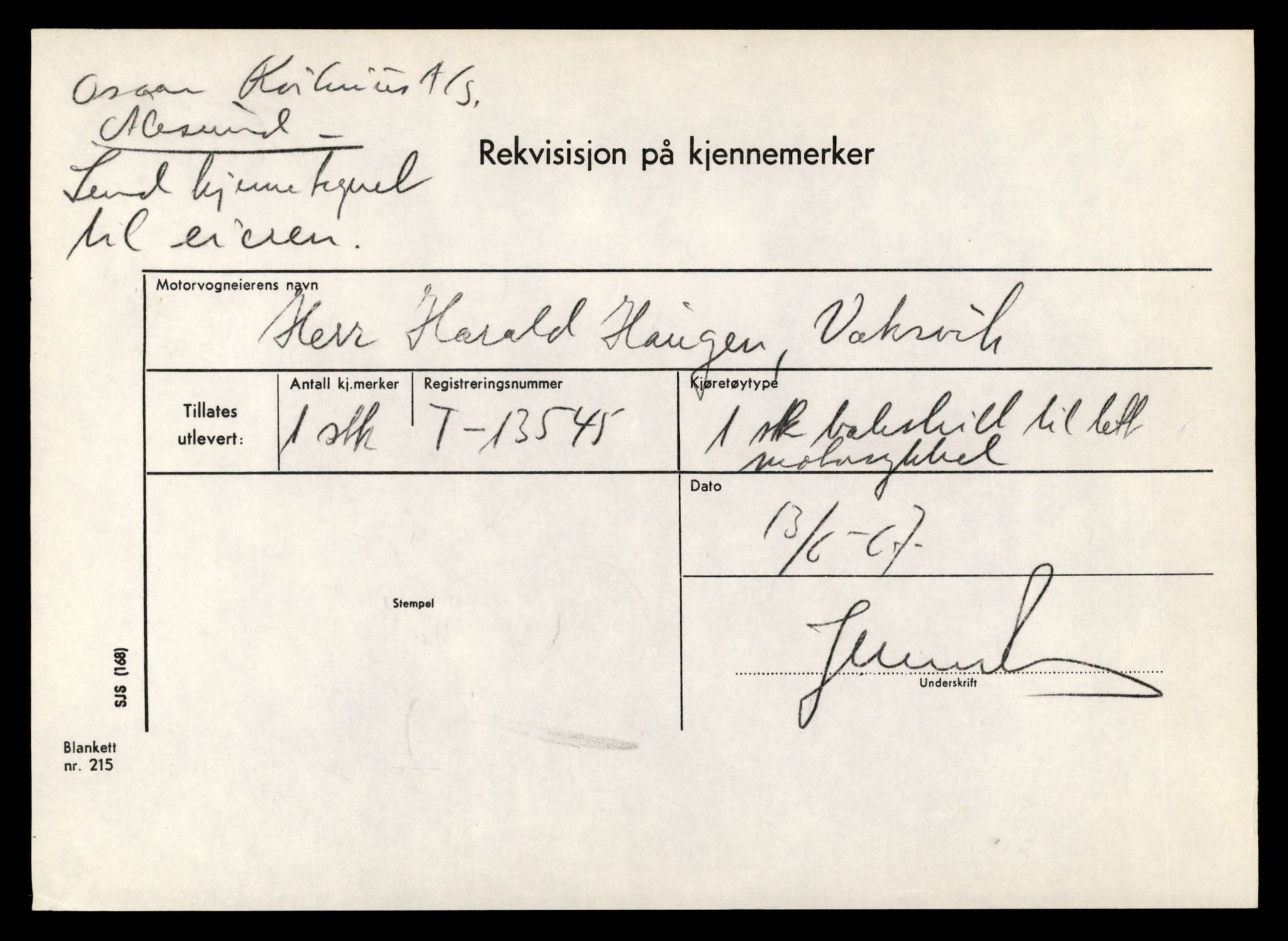 Møre og Romsdal vegkontor - Ålesund trafikkstasjon, AV/SAT-A-4099/F/Fe/L0040: Registreringskort for kjøretøy T 13531 - T 13709, 1927-1998, p. 317