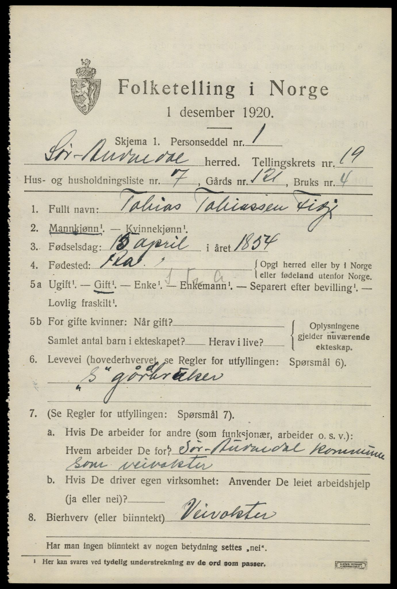 SAK, 1920 census for Sør-Audnedal, 1920, p. 6645