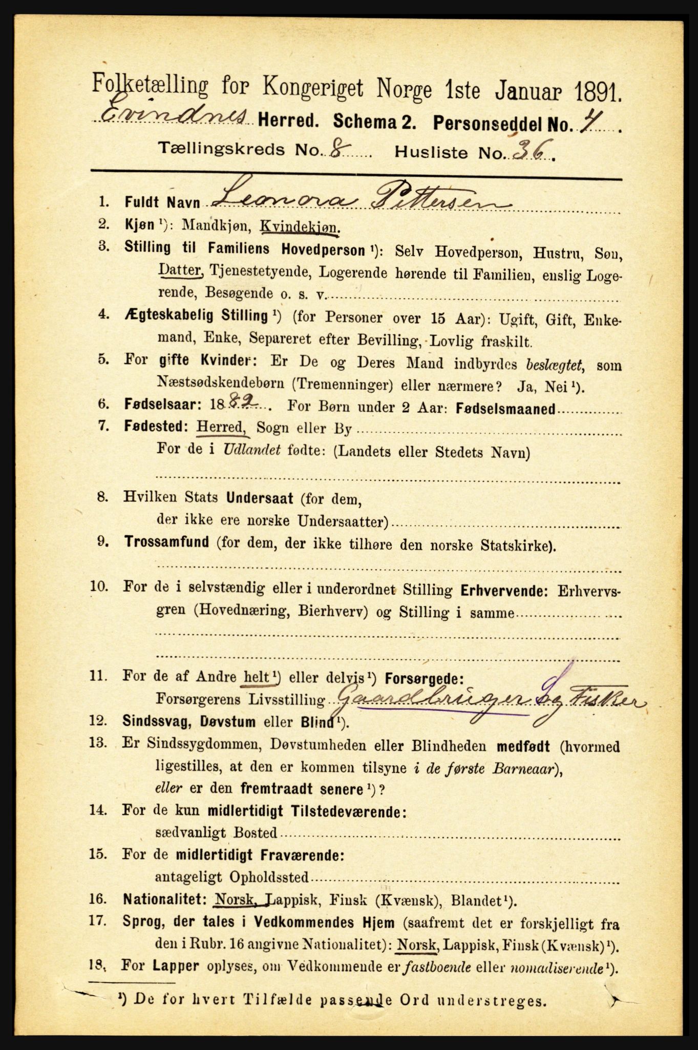 RA, 1891 census for 1853 Evenes, 1891, p. 2754